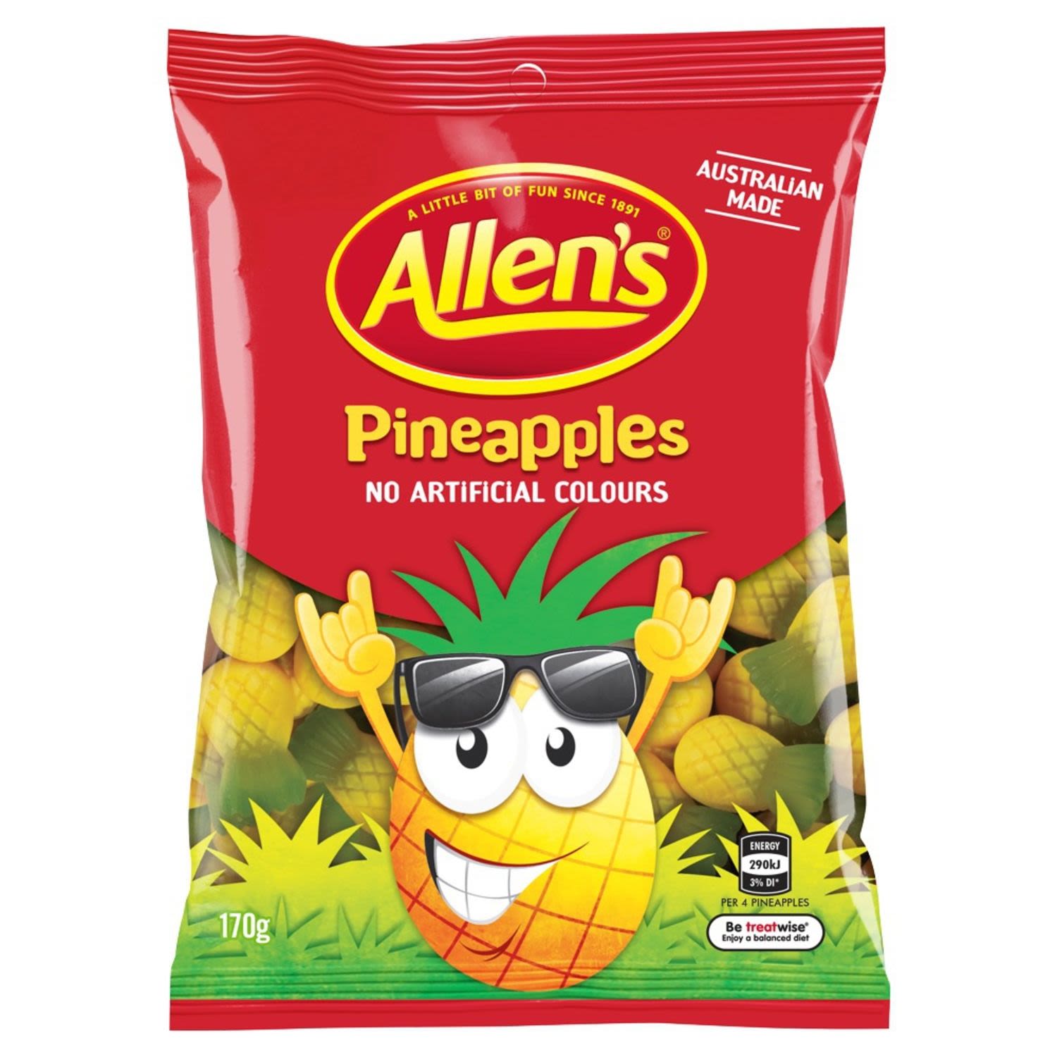 Allen's Pineapples are a juicy, bite sized treat for your taste buds. Catch these cool yellow and green pineapples before they party on out of town! Squish each deliciously soft pineapple flavoured jelly between your fingers, stretch it, bite the top off or just enjoy it in one yummy bite. 4 Pineapples = 1 Portion. Australian made and contains no artificial colours, so are great to share with family and friends. Contains Wheat. May contain Milk. Allen's makes smiles!
