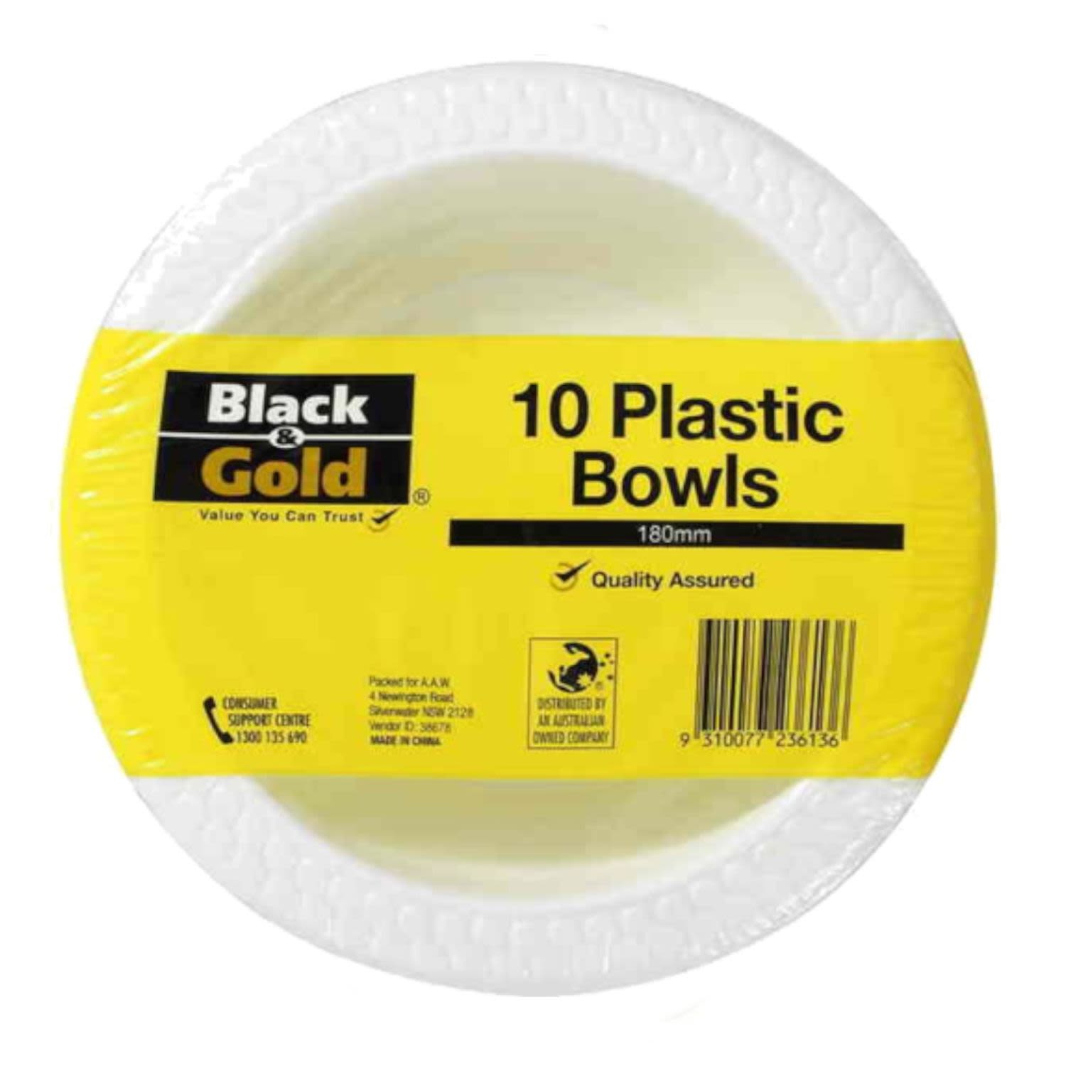 Black & Gold Bowl Plastic 180mm, 10 Each