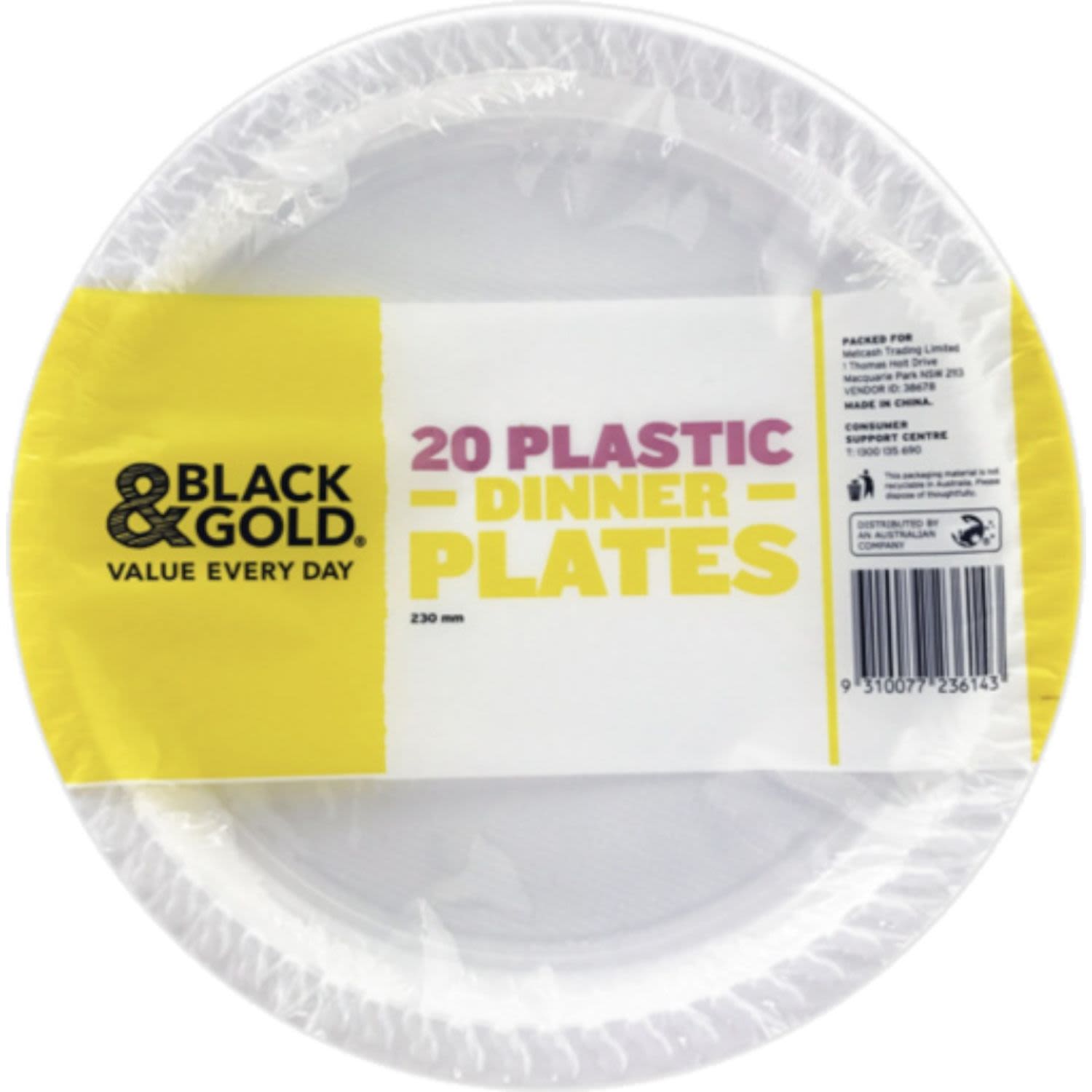 Black & Gold Plastic Dinner Plate 230mm, 20 Each