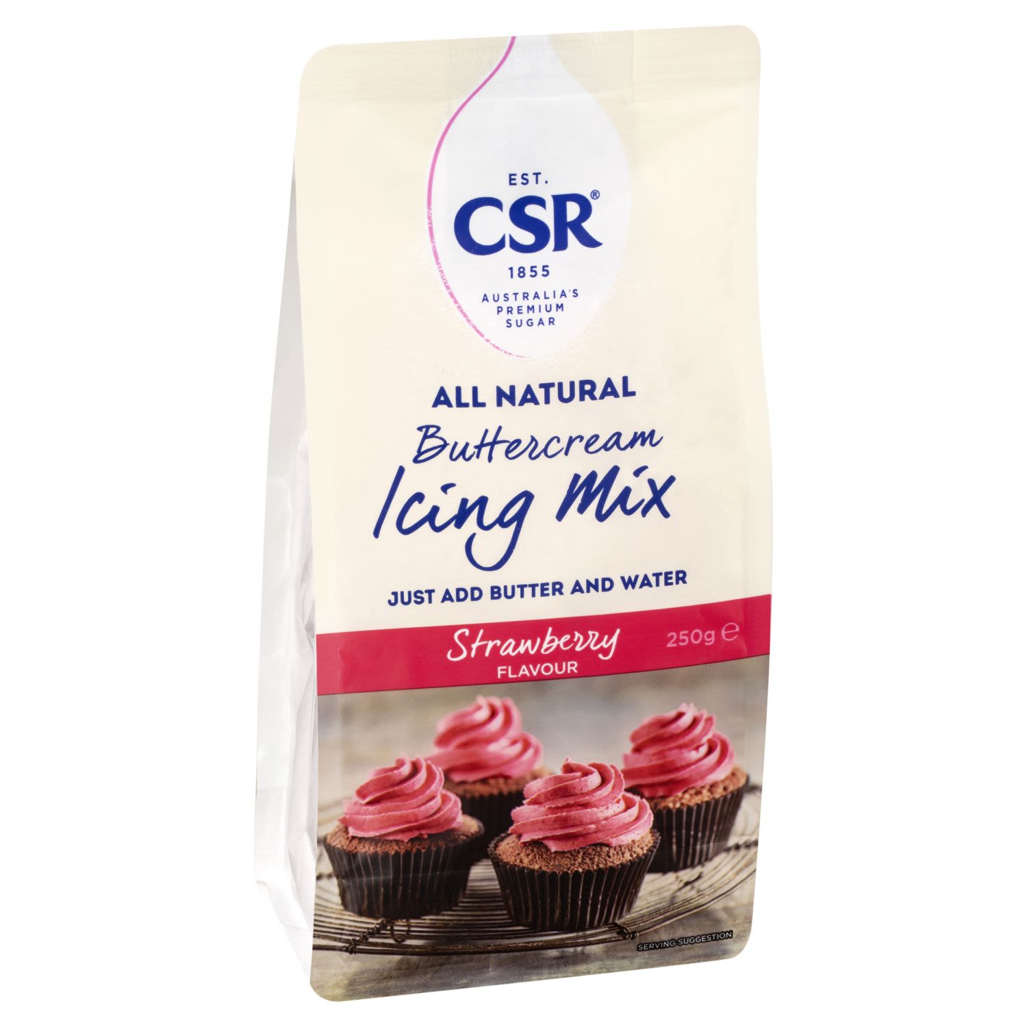 CSR All Natural Buttercream Icing Mix Strawberry is the easiest way to add a layer of natural strawberry flavour to your desserts. This pack is ideal for icing a 20-23cm cake, 12 cupcakes or 24 mini cupcakes. Made with beetroot powder for a rich pink colour, this icing mix is gluten free and contains no added colours, flavours or preservatives. Quick and easy to make, this icing mix is a great choice for any celebration.<br /> <br /> <br /><br />Country of Origin: Packed in Australia from at least 93% Australian ingredients.