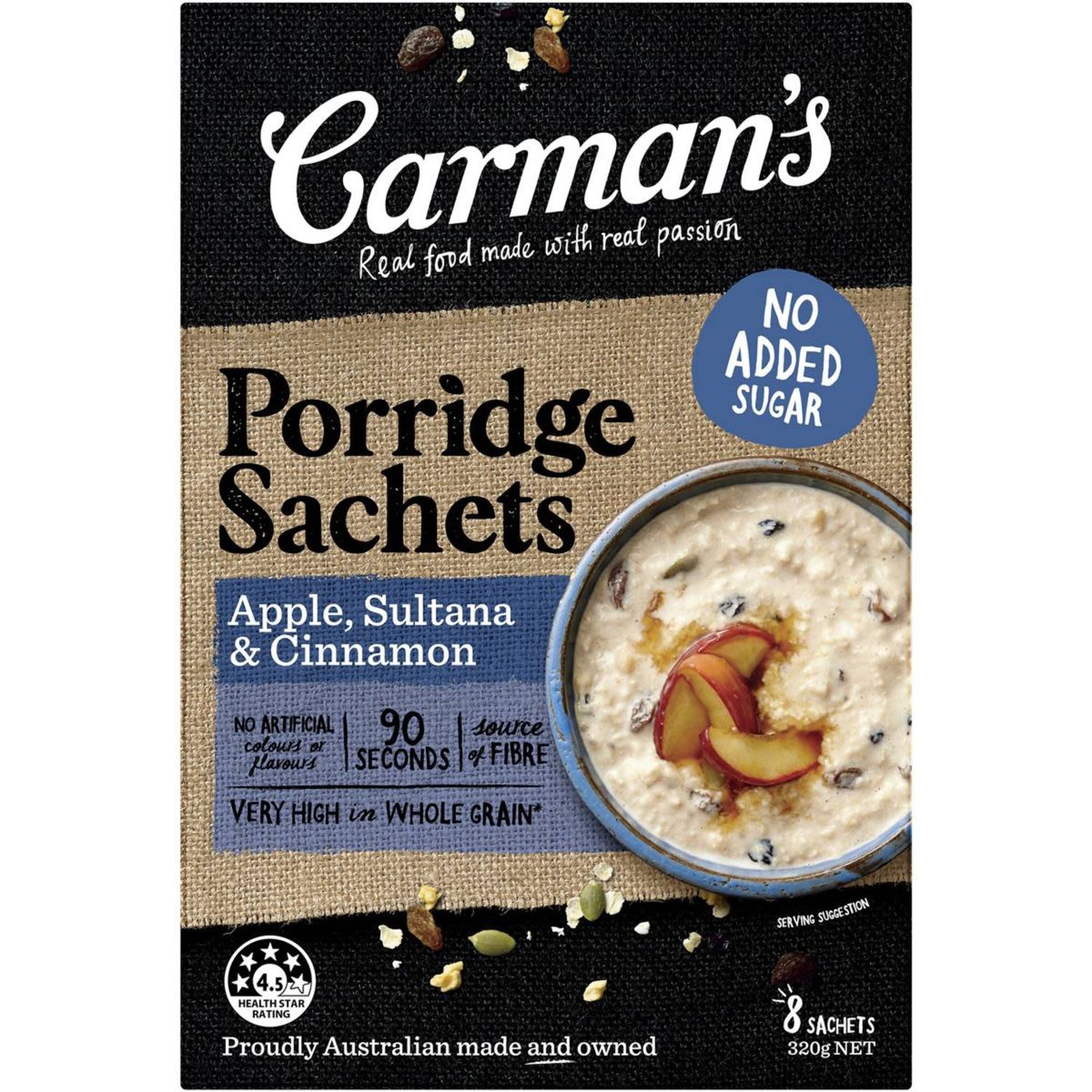 Carman's Gourmet Porridge Sachets Apple Sultana & Cinnamon, 320 Gram