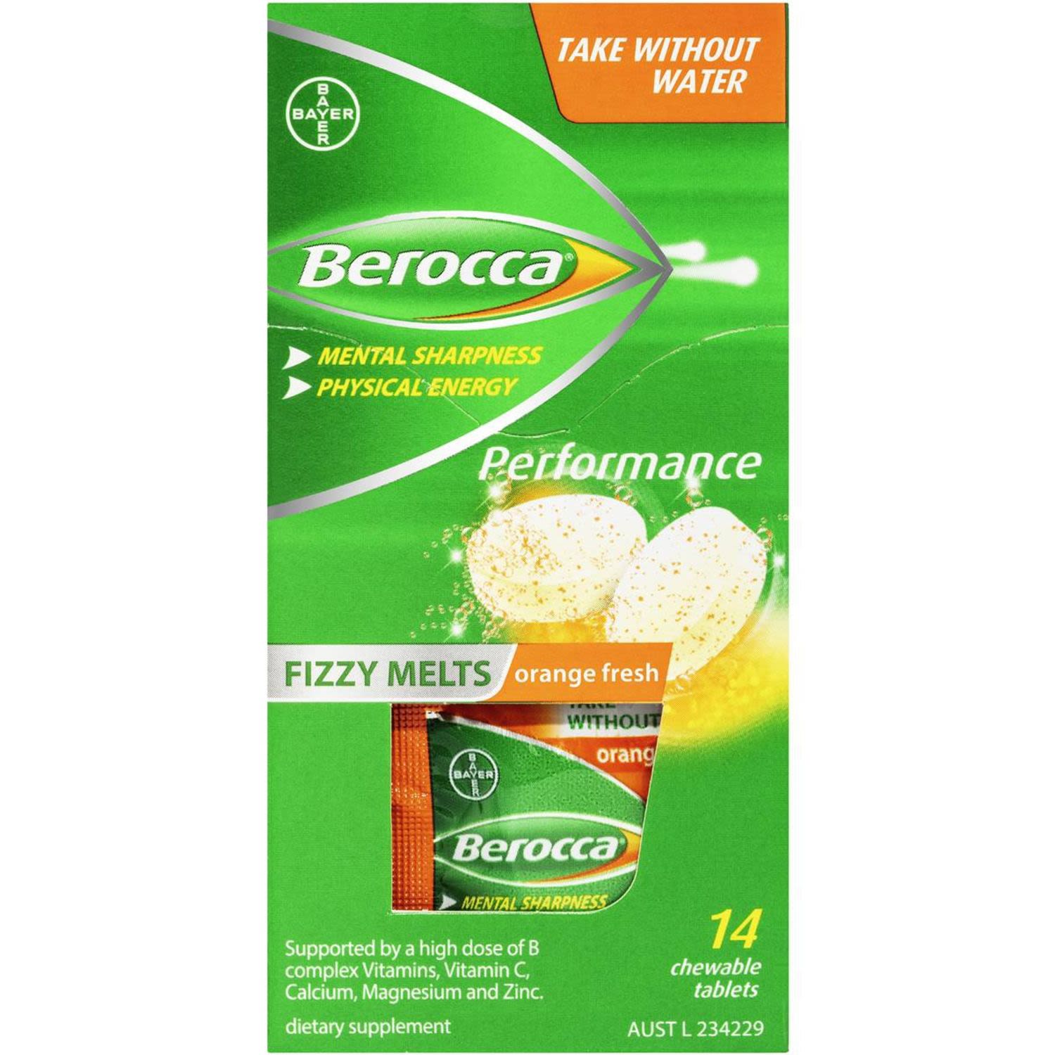 Berocca Fizzy Melts Energy Vitamin Orange Fresh Chewable Tablets, 14 Each