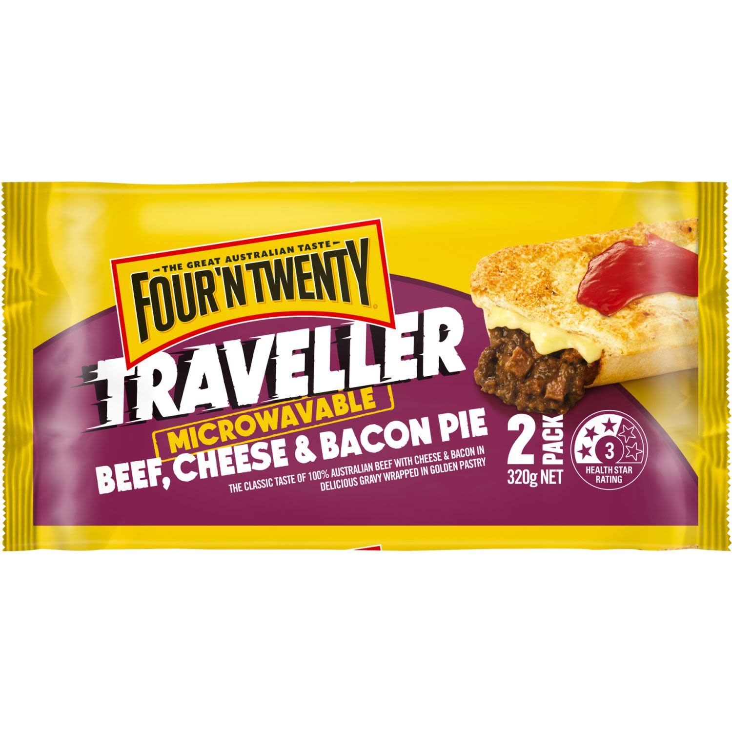 Four 'N Twenty Traveller Beef, Cheese & Bacon Pie brings you the classic taste of 100% Australian beef with cheese and bacon in delicious gravy wrapped in golden pastry. Microwavable for easy preparation.