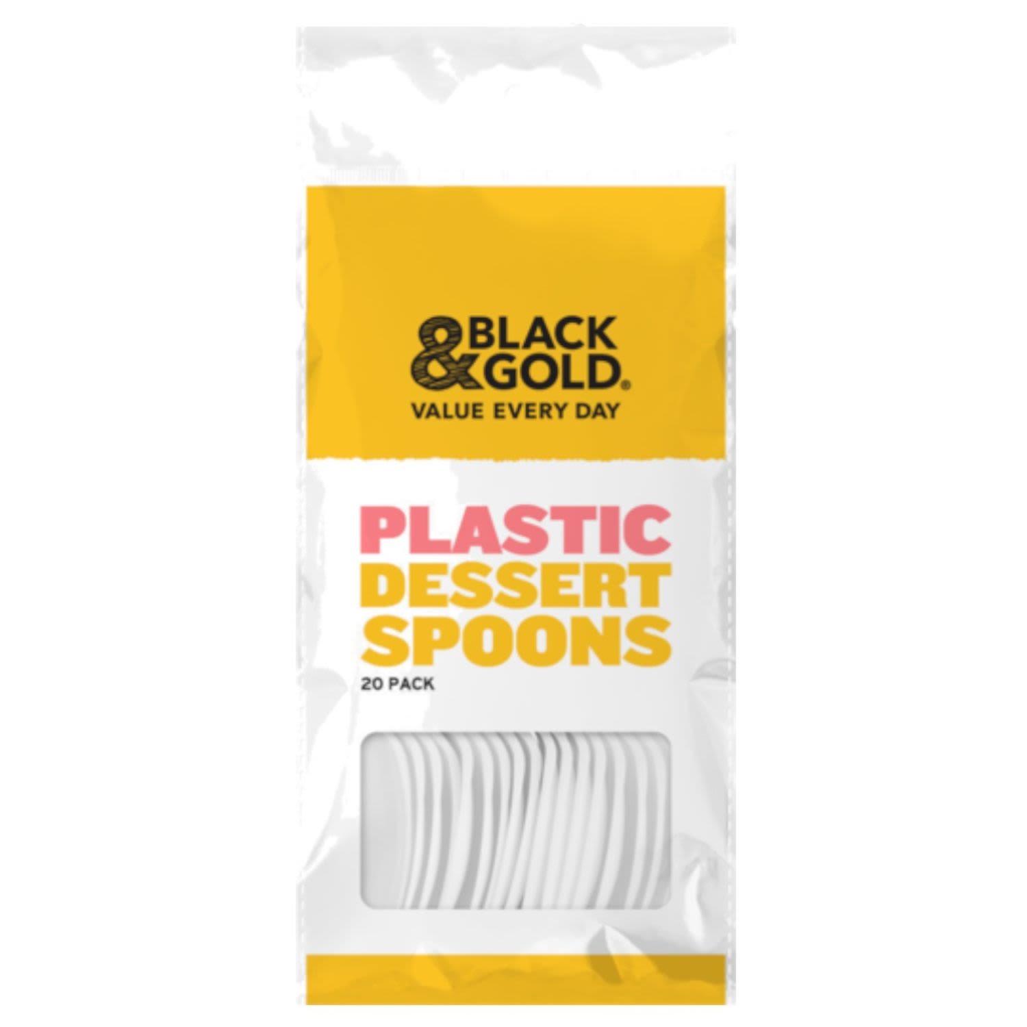 Black & Gold Plastic Dessert Spoons White, 20 Each