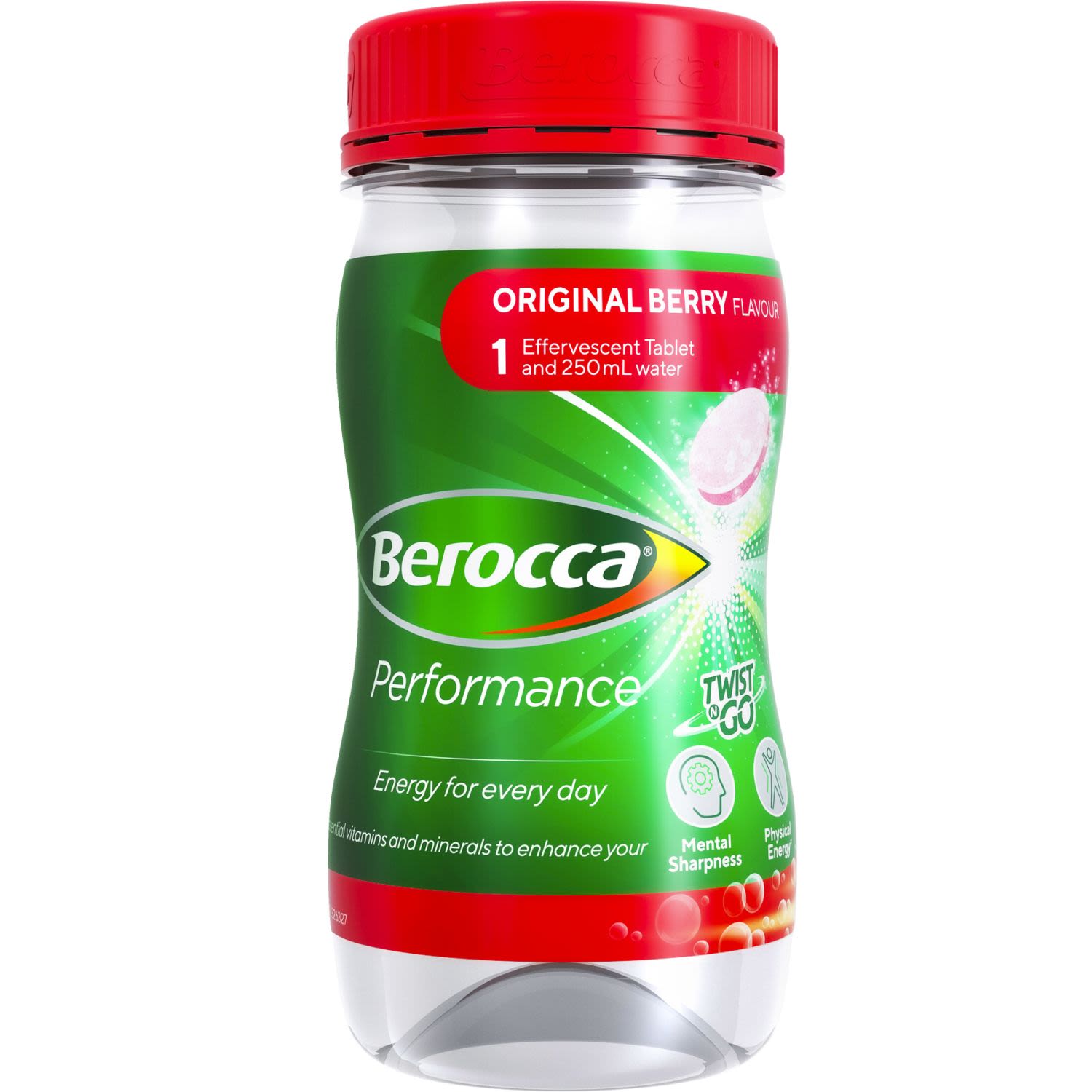 Berocca Performance supports your energy so you can be at your best in whatever daily challenges you’re facing. Berocca Performance is the most studied multivitamin in the world: backed by 7 clinical studies1-7 showing improved energy for mind and body.
Berocca Performance Twist N Go supports energy release and mental performance. Just Twist N Go! Whether you have a busy day ahead or are studying for exams, Berocca is a little drop of positivity to help you feel at your best. Switch ON with Berocca!
The formula of magnesium, zinc, calcium, vitamin C and all eight B vitamins helps release energy from your food, reduces tiredness and supports physical and mental stamina*.
Features and benefits
- Energy multivitamin with a high dose of B vitamins which work together to release energy from your food
- Great tasting delicious, fruity berry flavour
- Helps support immune defence. Contains vitamin C and zinc to support your immune system. Vitamin C is an antioxidant and supports nervous system function
- Helps improve alertness and concentration
- Helps improve physical stamina* and reduce tiredness
- Helps enhance mental performance
- Only 6 – 8 calories per serve
- Improves energy without relying on a sugar or caffeine hit
- Vegan friendly: Berocca is not manufactured with ingredients derived from animal origin
- Intended for everyday use: our clinical studies show that Berocca works best when taken daily for 28 days.
After taking Berocca Performance daily for 28 days:
- 8 in 10 would recommend it for energy
- 7 in 10 reported having more energy in the morning
- 7 in 10 reported having more energy in the afternoon
- 9 in 10 said they felt healthy
Clinical evidence:
*When consumed daily for 28 days. 1. D. O. Kennedy et al, Psychopharmacology (Berl), 211 (2010), 55-68. Study funded by Bayer Consumer Care AG, Switzerland. 2. D. J. White et al, Nutrients, 7 (2015), 9005-17. Study funded by Bayer Consumer Care AG, Switzerland. 3. D. O. Kennedy et al, Human Psychopharmacol Clin Exp 2011;26:338-347. Study funded by Bayer Consumer Care AG, Switzerland. 4. A. Scholey et al, Nutrients, 5 (2013), 3589-604. Study funded by Bayer Consumer Care AG, Switzerland. 5. D. Carroll et al, Psychopharmacology (Berl), 150 (2000), 220-5. Study funded by Roche Consumer Health, Switzerland. 6. D. J. White et al, Nutritional Neuroscience, 20 (2017), 8-22. Study funded by Bayer Consumer Care AG, Switzerland. 7. D. J. White et al, Frontiers in Aging Neuroscience, 8 (2016), 288. Study funded by Bayer Consumer Care AG, Switzerland.<br /> <br />