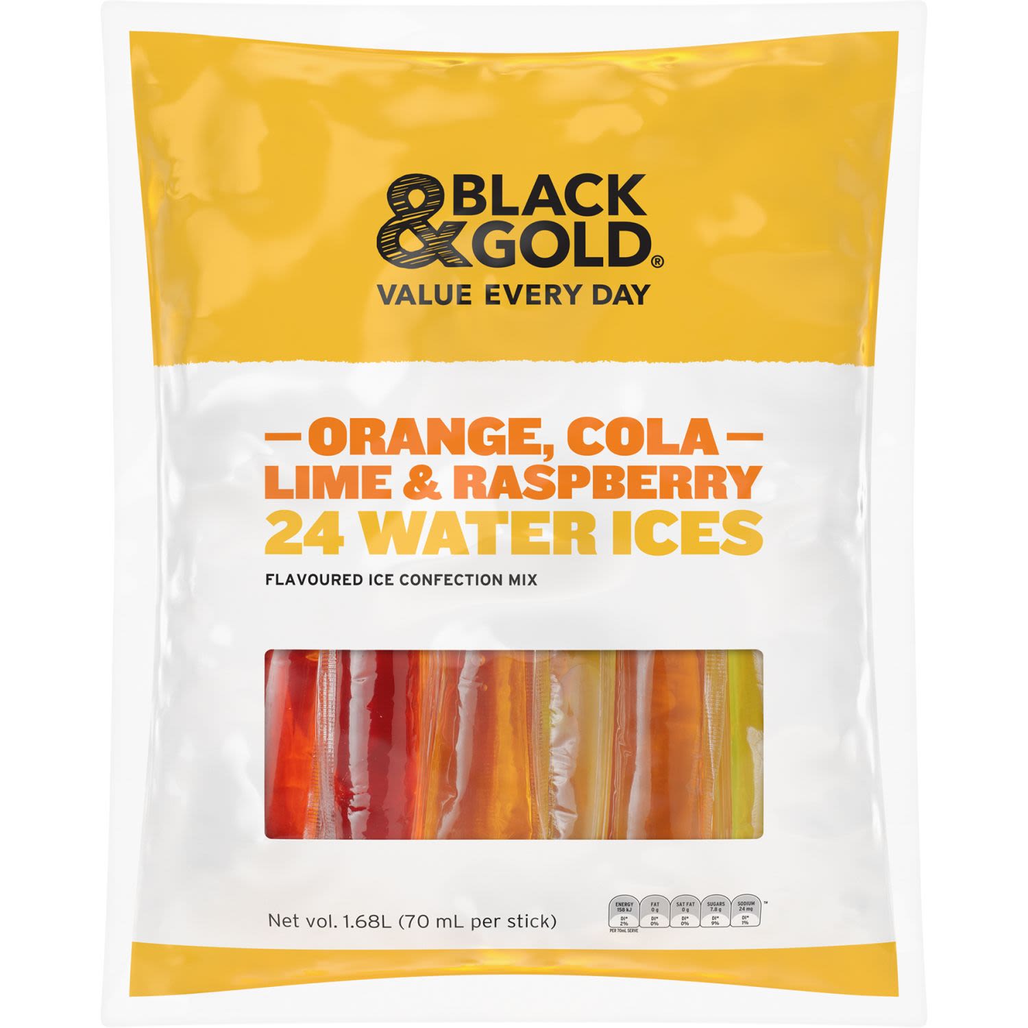 Black & Gold Orange, Cola, Lime & Raspberry Water Ices, 24 Each