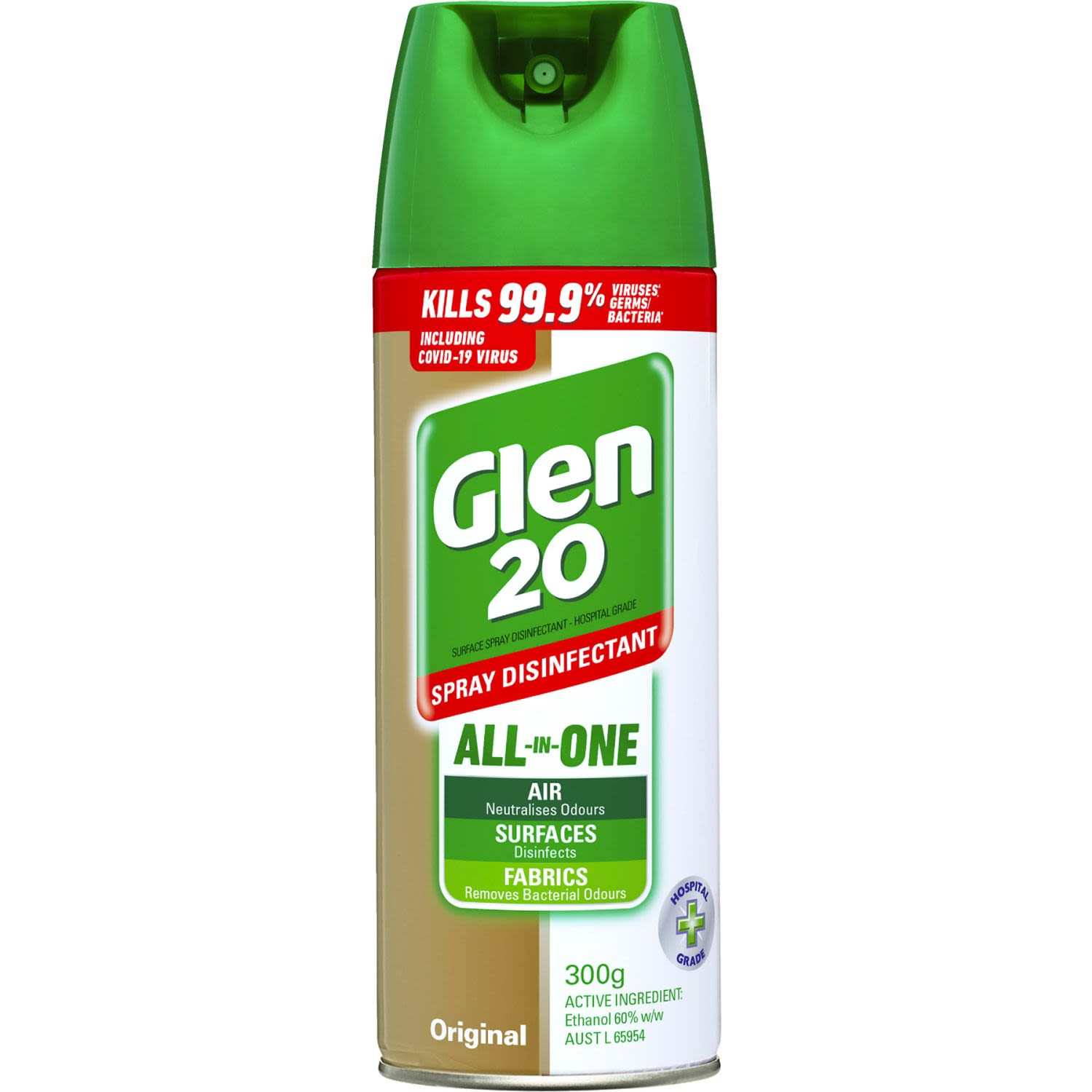 - Air - Neutralises Odours
- Surfaces - Disinfects
- Fabrics - Removes bacteria odours. 

Glen 20 Spray Disinfectant can help protect your family by working to prevent the spread of germs. 

Glen 20 is fast, easy to use and effective at:

- Killing 99.9% of germs/bacteria* & Viruses^ on hard and soft surfaces.
-  Killing the source of mould allergens and controlling the growth of mould and mildew on hard surfaces.
- Killing athlete's foot fungus on soft surfaces.

- Eliminating Odour Causing Bacteria to leave your home smelling fresh and clean. Glen 20 "gets to the source" of the odour without heavy perfume and eliminates damp musty odours in areas where air does not circulate. Ordinary non-germicidal sprays can't do this.

Glen 20 Spray disinfectant kills the following germs & viruses:

Germs/Bacteria:
- E. coli
- Salmonella Choleraesuis.
- Staphylococcus aureus.
- Pseudomonas aeruginosa. 
- Streptococcus pyogenes.

Viruses:
- Rhenovirus Type 37 (a leading cause of common cold).
- Influenza Type A (H1N1).
- Poliovirus (on hard surfaces only).
- Rotavirus SA11.
- Adenovirus (on hard surfaces only).
- Avian Flu Virus.
- Herpes Simplex Virus Type 1 & 2.<br /> <br />
