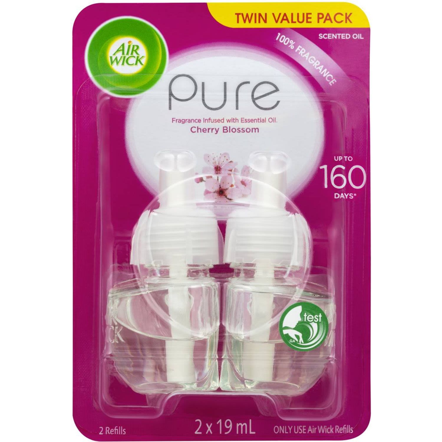 Air Wick Electric Plug In Diffuser Pure Cherry Blossom Twin Refill- Enhance your home with the delicately fresh and enchanting scent of Cherry Blossom. Evocative of a gentle spring breeze, petally fresh floral aromas harmonise with waterfruit notes of melon & juicy peach. Vibrant fragrance for up to 160 days per pack (based on 8 hours daily usage on minimum setting). Consider using in… Bedroom, Living Room, Bathroom, Kitchen, Laundry, Office.<br /> <br />