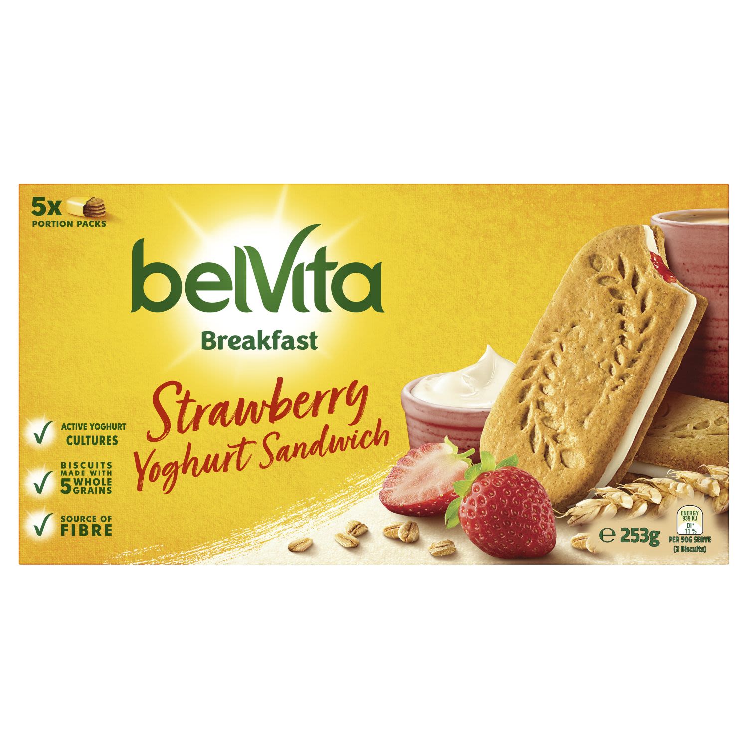 Brighten your morning with...
belVita Breakfast
Gently baked for perfection with 5 wholegrains providing you a source of fibre, active yoghurt cultures and no artificial colours or flavours.
Two delicious golden crunchy biscuits with a smooth and creamy yoghurt & strawberry centre filling.
The flavour you look forward to every morning, making them the feel-good, taste-good, start you're looking for enabling you to be the best you. Always. <br /> <br />