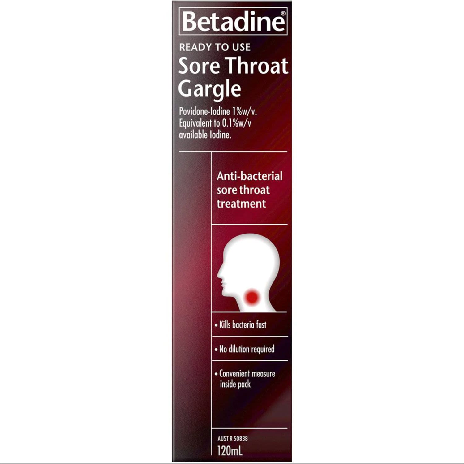 Betadine Ready To Use Sore Throat Gargle, 120 Millilitre