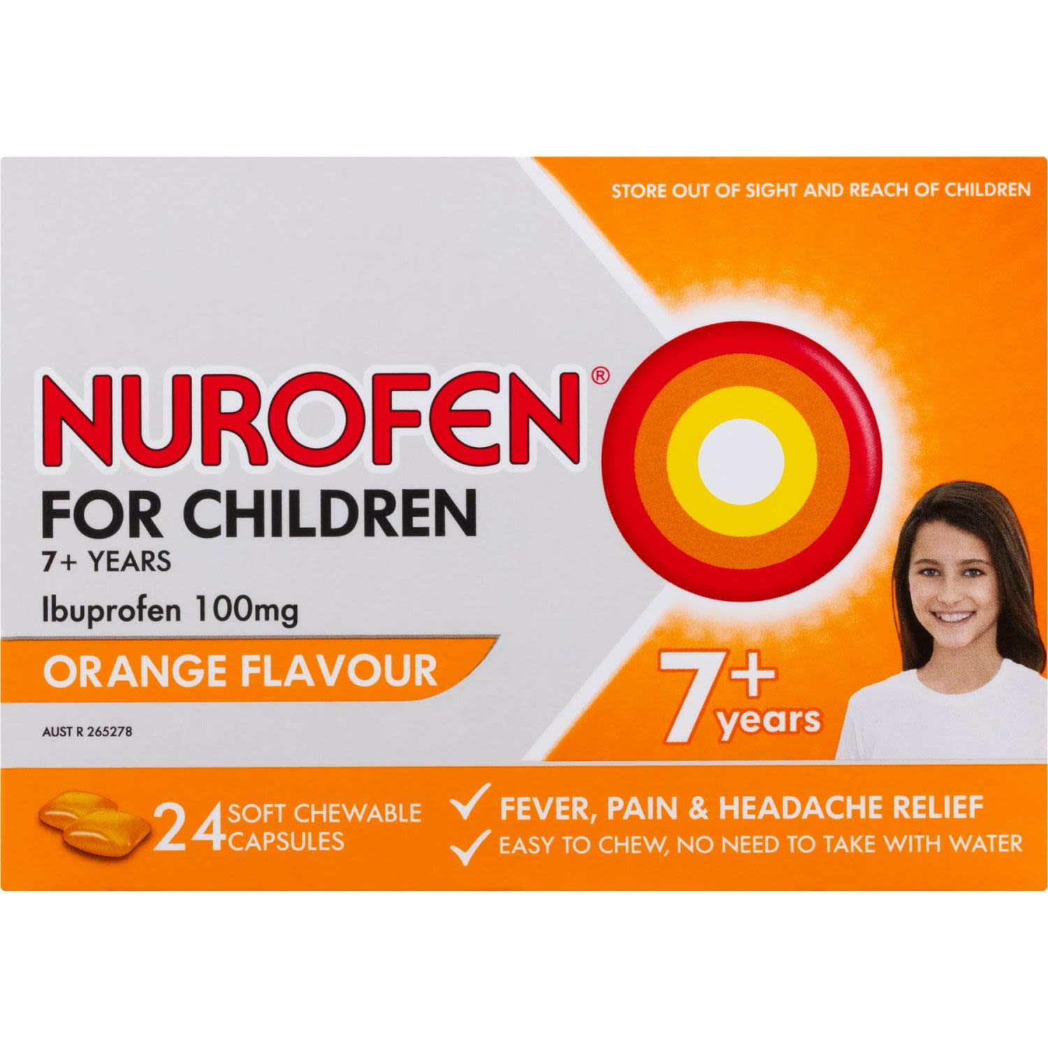 Nurofen For Children 7and Pain and Fever Relief Chewable Capsules 100mg Ibuprofen Orange, 24 Each