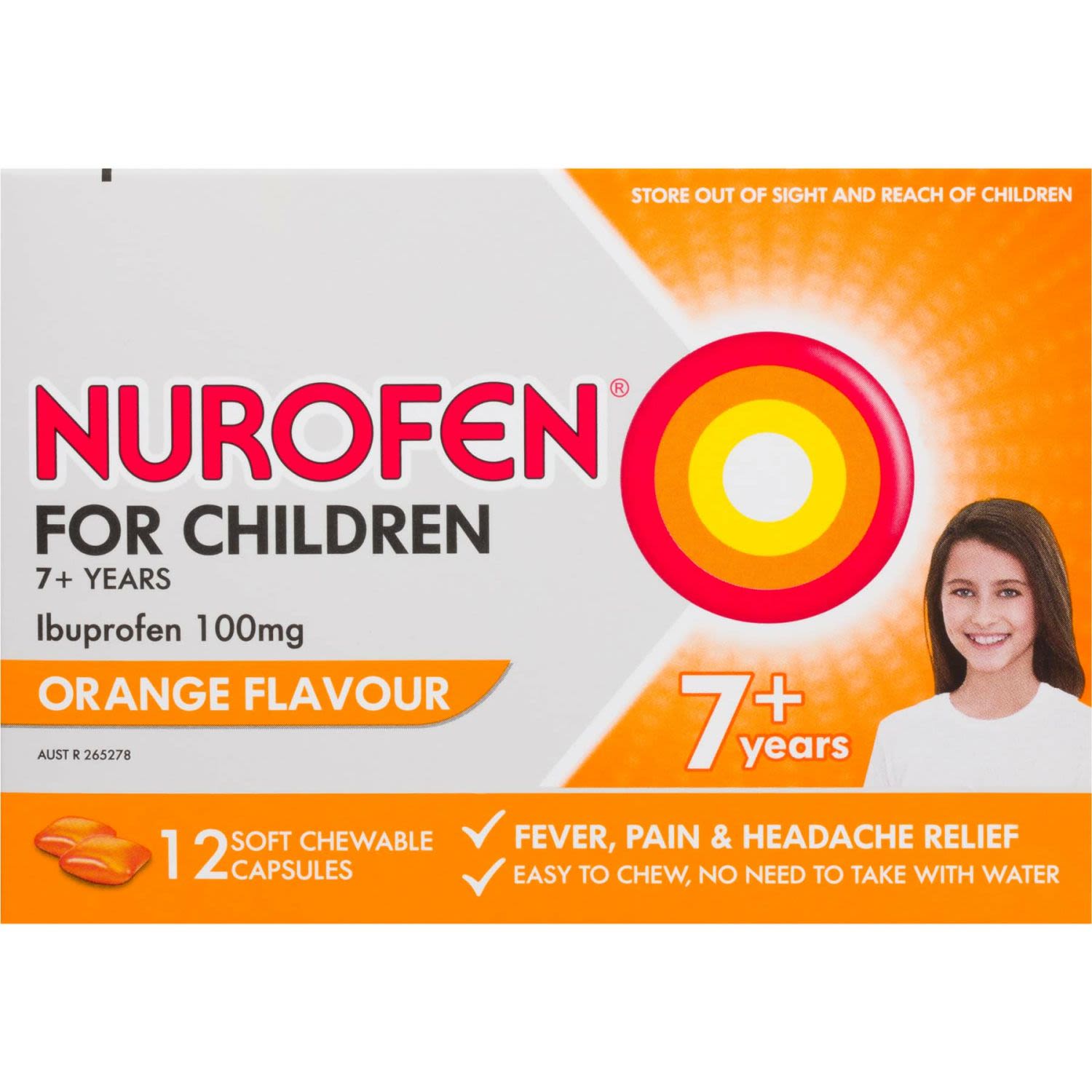 Nurofen For Children 7and Pain and Fever Relief Chewable Capsules 100mg Ibuprofen Orange, 12 Each