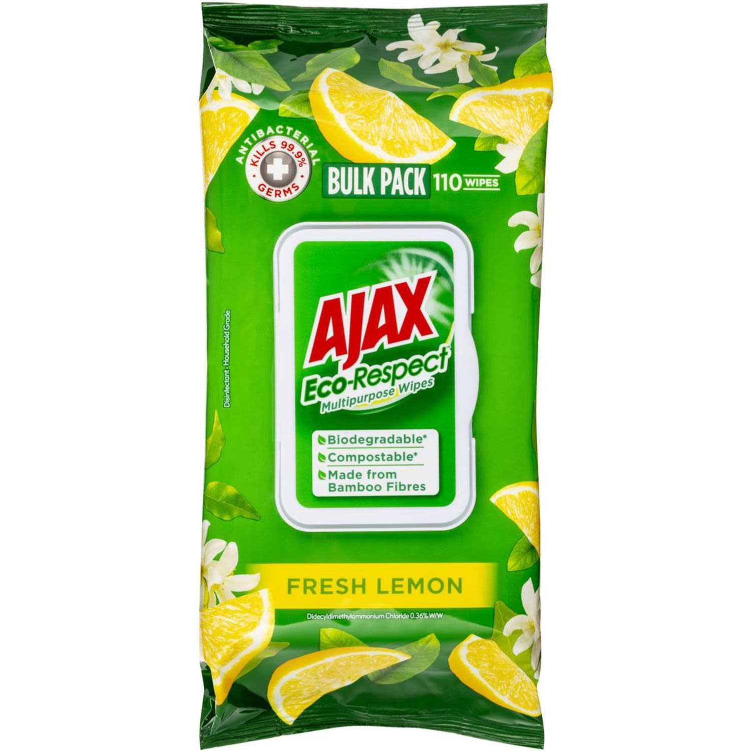 Ajax Eco Antibacterial Disinfectant Cleaning Wipes Lemon, 110 Each