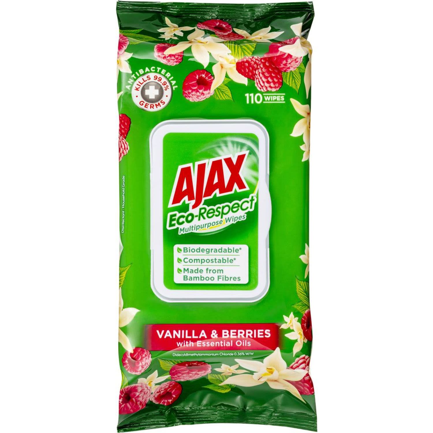 Ajax Eco Antibacterial Disinfectant Cleaning Wipes Vanilla, 110 Each