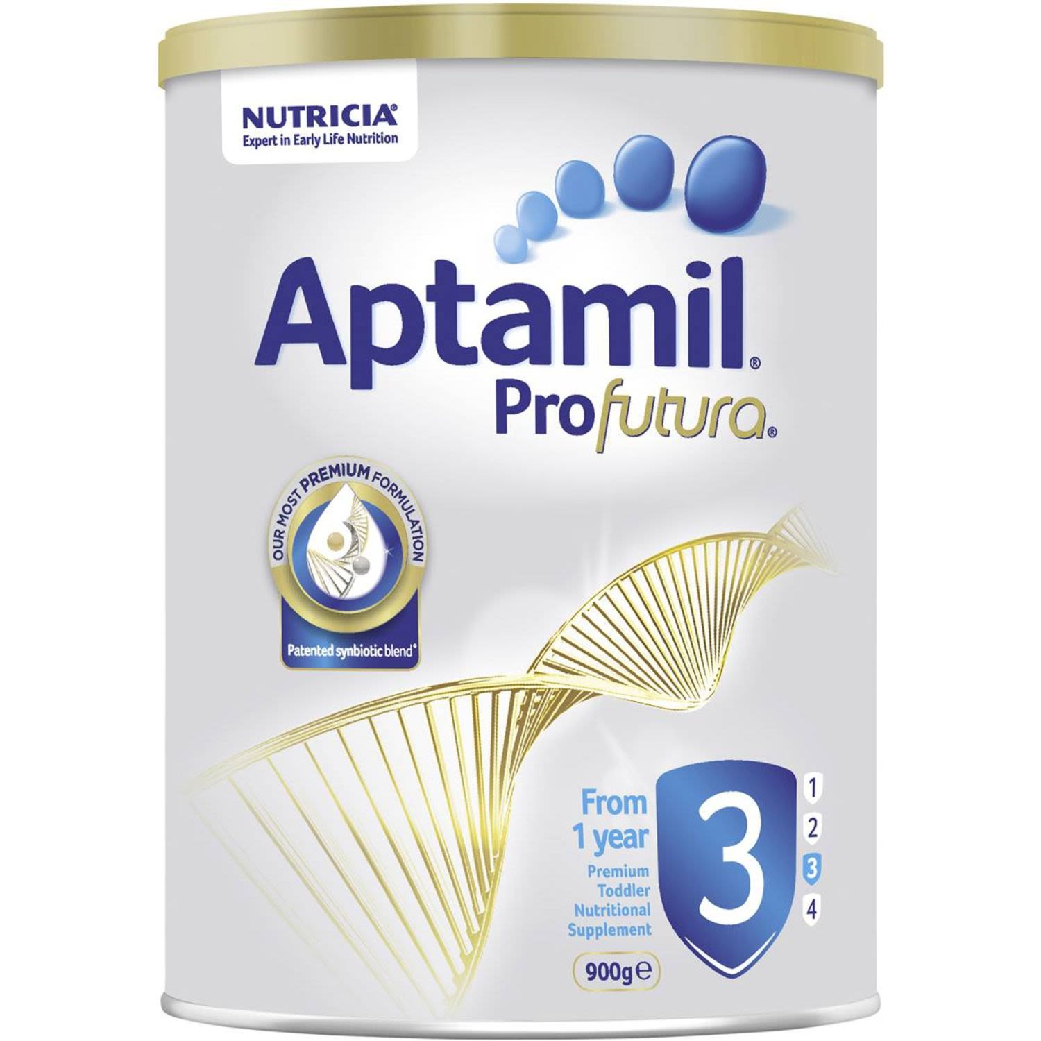 Aptamil Profutura Stage 3 is our most Premium Nutritional Supplement for toddlers from 1 year. With over 40 years of continuous scientific research, our formulations are developed to support your toddler's progress.

Backed by 40 years of Nutricia’s pioneering research
Uniquely developed in combination with patented synbiotic blend
Contains a unique probiotic Bifidobacterium breve
Increased Omega 3 DHA level*
Zinc, necessary for immune system function^
Iron, iodine and zinc to contribute to normal cognitive function^
Suitable for toddlers from 1 year whose nutritional intake may be inadequate
900g tin format

^When consumed as part of a healthy varied diet and prepared as directed.
*Compared to previous formulation. <br /> <br /><br /> <br />Allergen may be present: Fish|Milk|Soy