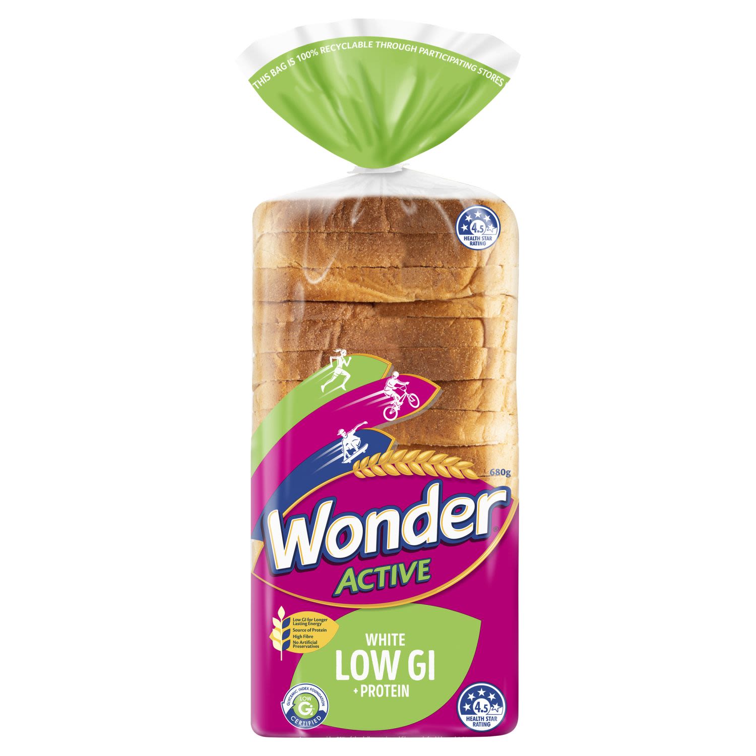 Wonder Active Low GI + Protein contains high fibre and certified low GI for longer lasting energy to help prepare kids for an action-packed day.
High Fibre white sliced bread.
Certified Low GI for longer lasting energy to help prepare kids for an action-packed day.
Wonder Active is seriously good energy for active kids.
- No added sugar.
- High in fibre.
- No artificial preservatives.
- Soft white
Low GI + Protein
Low GI
Fuels active bodies and helps kids stay fuller for longer.
Protein
Critical for growth and development of kids bones.
Fibre
High in fibre to help support digestive health.