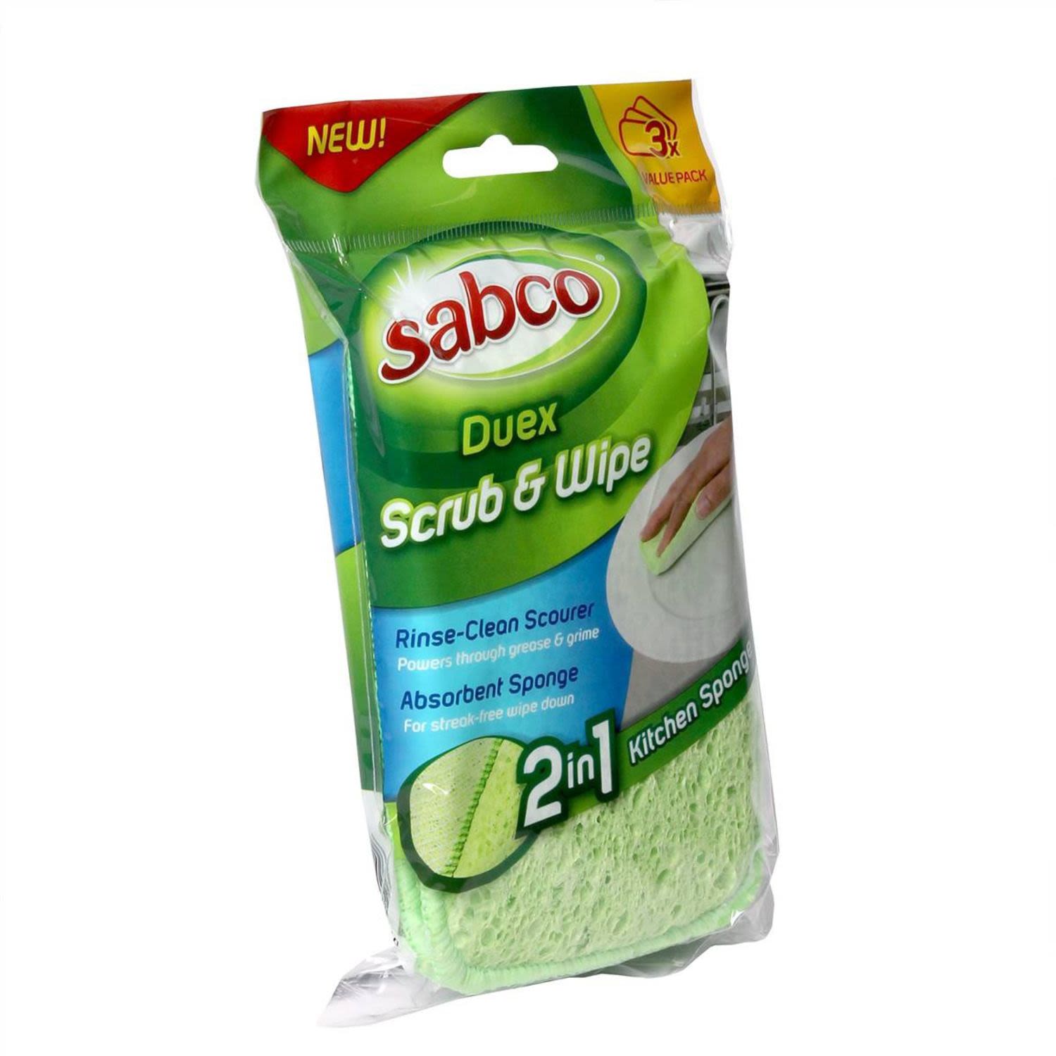 Sabco Duex Scrub & Wipe Kitchen Sponge, 3 Each
