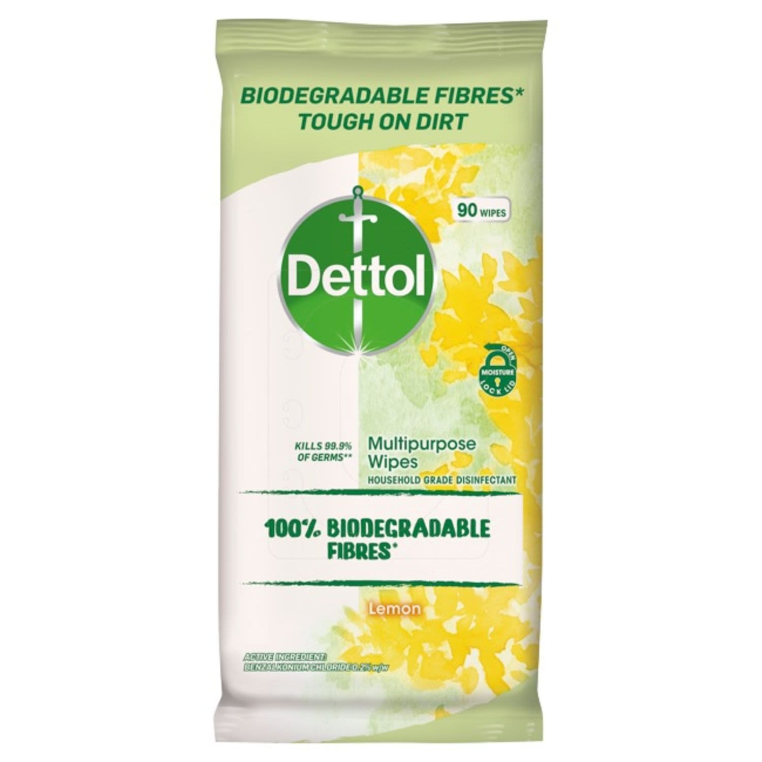 Dettol 100% Biodegradable Disinfectant Wipes Lemon, 90 Each