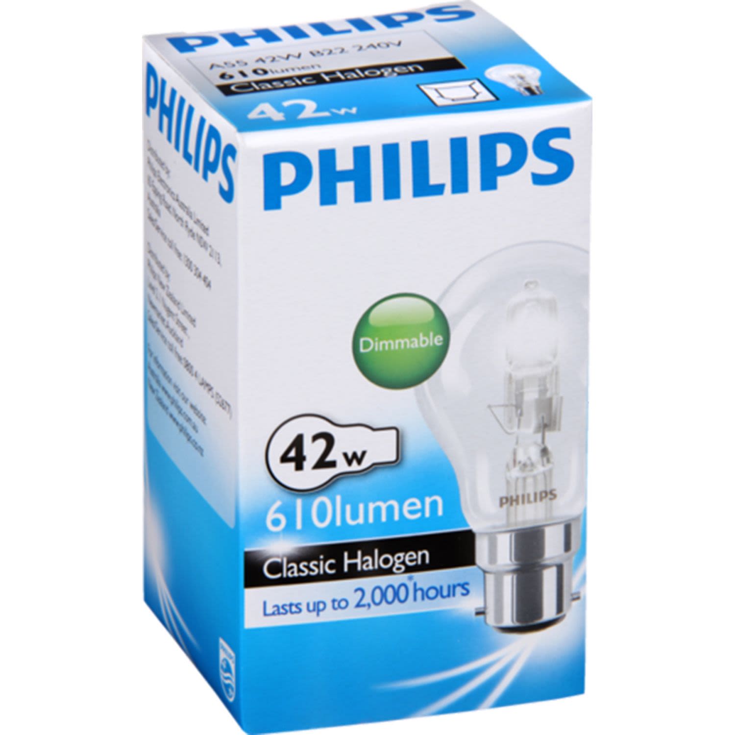 55 W Philips Lot de 4 ampoules halogènes EcoClassic à baïonnette B22 42 W Blanc chaud à intensité variable 