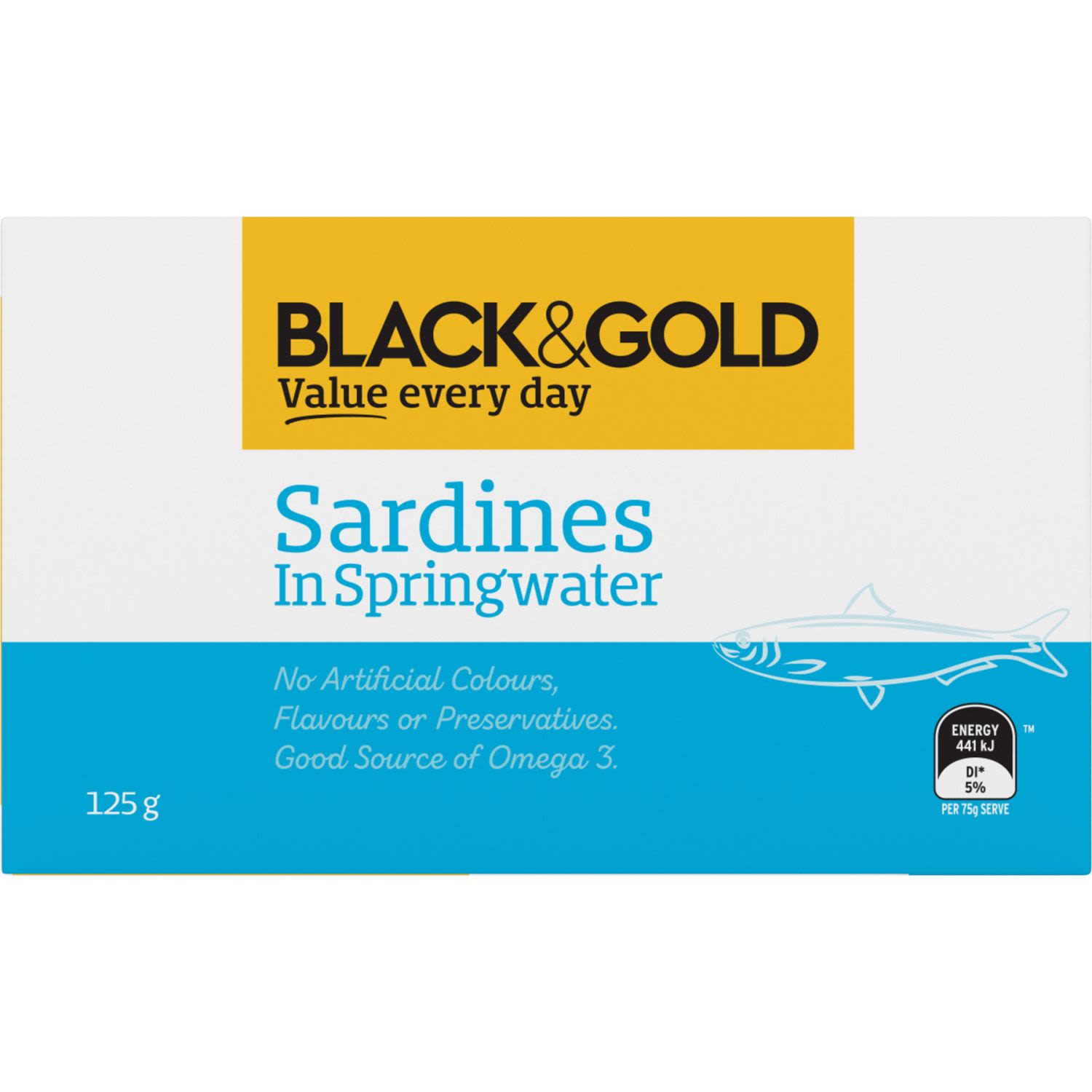 Black & Gold Sardines In Saltwater, 125 Gram