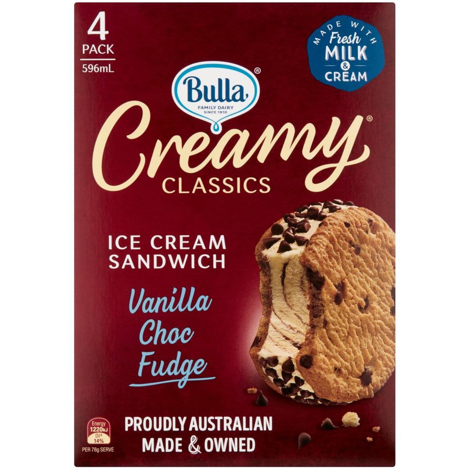 Bulla Creamy Classics Ice Cream Sandwich Vanilla Choc Fudge, 4 Each