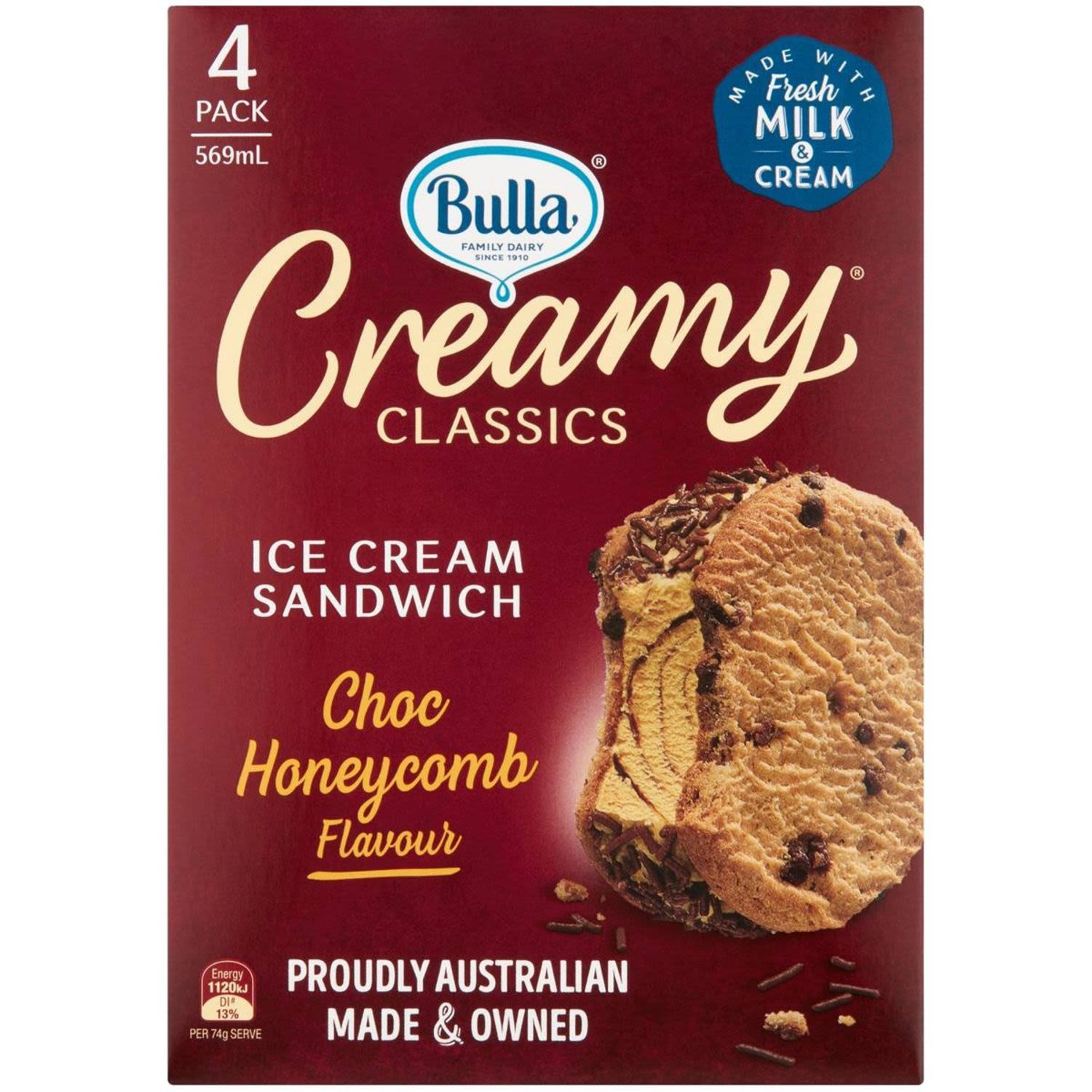 Bulla Creamy Classics Ice Cream Sandwich Choc Honeycomb, 4 Each
