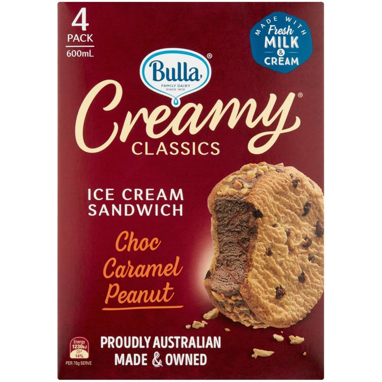 Bulla Creamy Classics Ice Cream Sandwich Choc Caramel Peanut, 4 Each