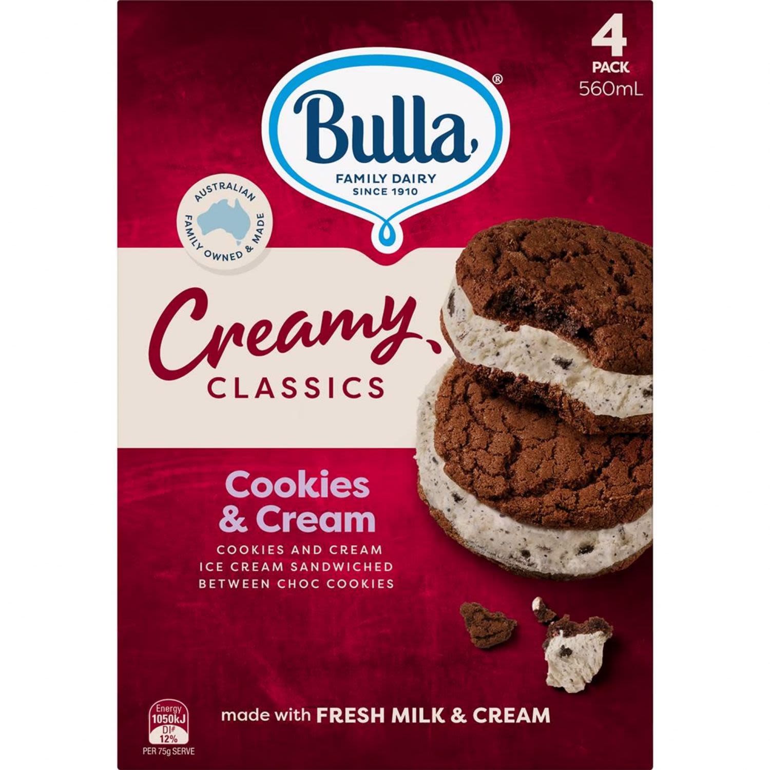 Bulla Cookies & Cream Ice Cream Sandwiches, 4 Each