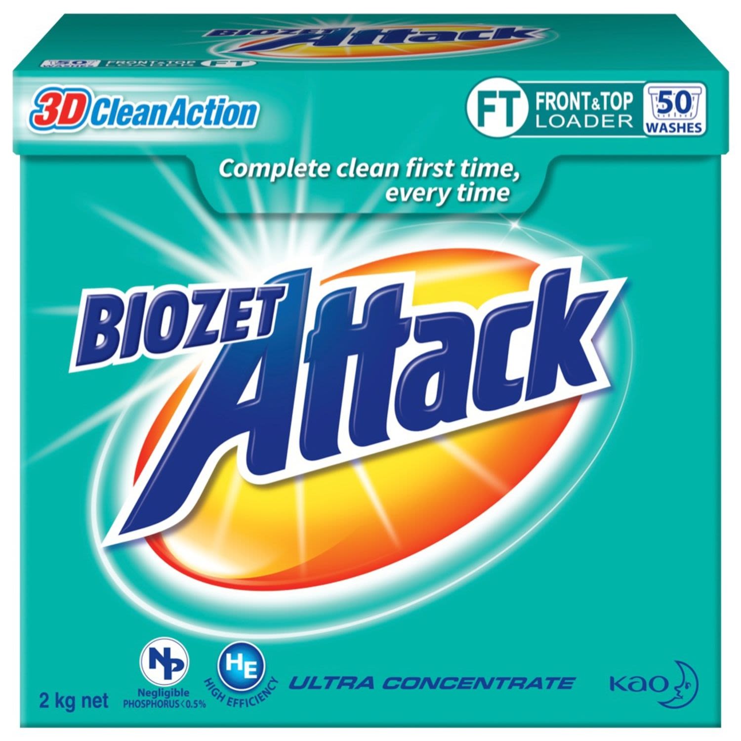 Biozet Attack 3D Clean Action Front and Top Loader Laundry Powder, 2 Kilogram