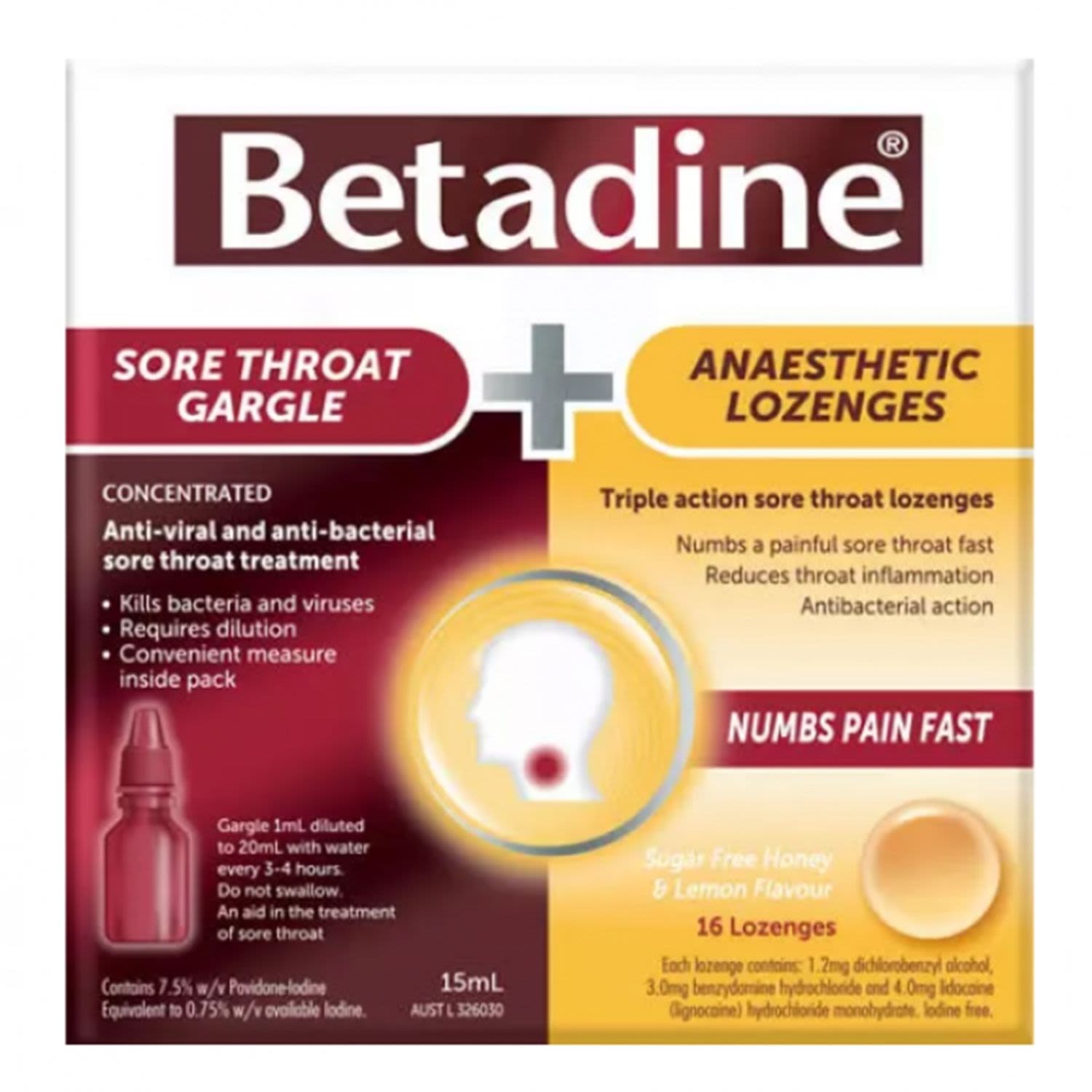 Betadine Sore Throat Gargle + Anaesthetic Lozenges Kit, 16 Each