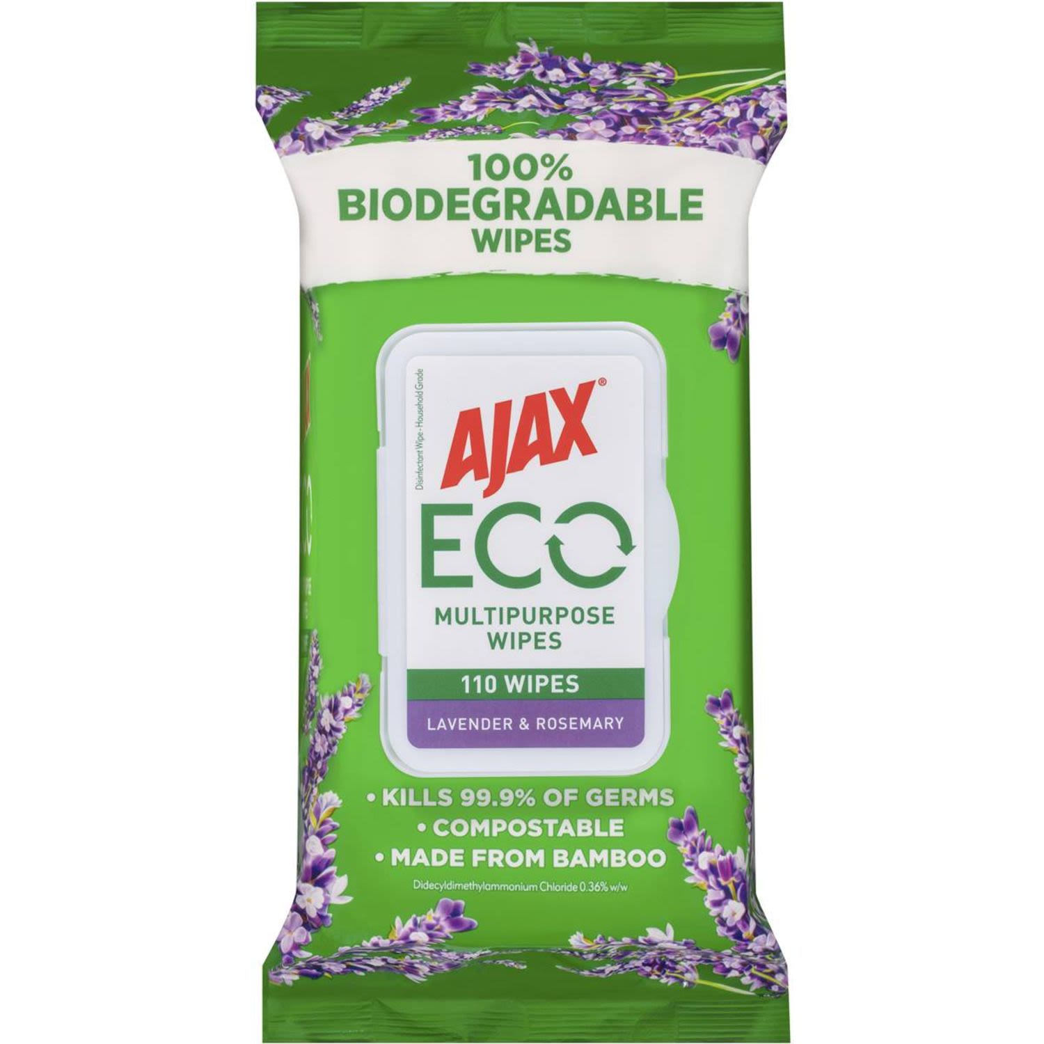 It's simple, we're better for the planet because we know that's important to you.<br /><br />- Feel proud using 100% biodegradable wipes.<br />- Feel powerful with antibacterial disinfectant wipes that kill 99.9% of germs.<br />- Feel good knowing these wipes are compostable & made from bamboo fibres.<br /><br />Multipurpose Wipes, Use us to clean:<br />The Kitchen: Benchtops, stovetops, sinks, rubbish bins.<br />The Bathroom: Toilets, toilet seats, floor, baths, taps, basins.<br />Other surfaces: Tables, desks, phones, door handles, high chairs.<br /><br />FOUR EASY STEPS<br />1. Pop open the lid, peel back the sticker and pull our wipe through.<br />2. Simply wipe your surfaces until they're clean.<br />3. If you want to disinfect (non-porous) surfaces, wipe them until they are thoroughly wet, then let it sit for 10 minutes. They're so easy to use, there's no need to dilute them or rinse.<br />4. Once you're done, please dispose of our wipe thoughtfully! Do not flush them down the toilet - our planet will thank you!<br /><br />Always read the label. Follow the directions for use.<br /><br />Pack Size: 110 Wipes, Lavender & Rosemary Scent<br /> <br /> <br /><br />Country of Origin: Made in China from local and imported ingredients.