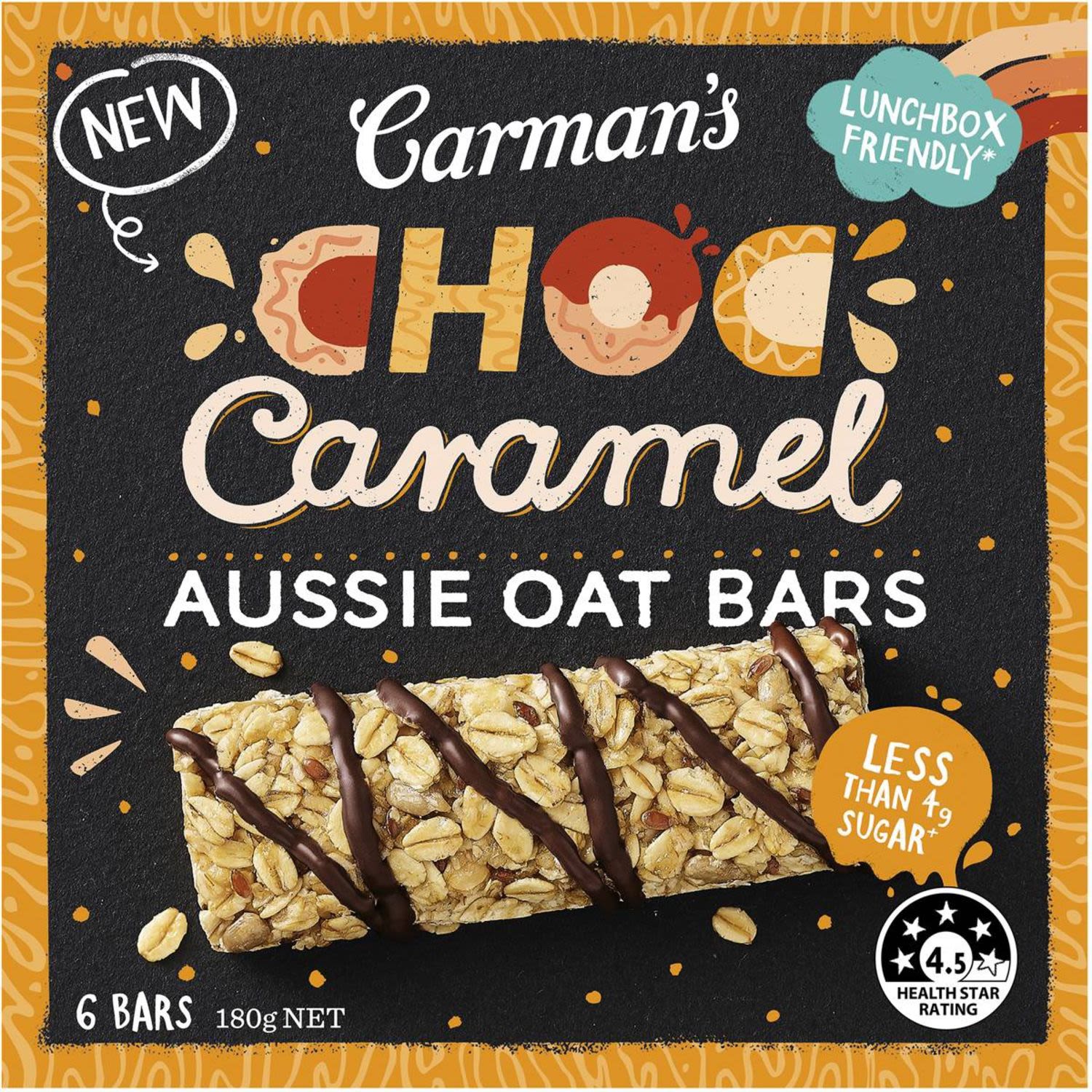 Explore the Wonder of Carman's Choc Caramel Aussie Oat Muesli Bars!<br /><br />4.5 health star rating and less than 4g sugar per serve, makes these muesli bars the perfect lunchbox friendly snack. <br /><br />A deliciously good-for-you energy boost for when you're on the go, go, go! Super-duper Aussie oats packed with lip-smacking ingredients & topped with a creamy caramel drizzle for an extra touch of yum! <br /><br /> <br />