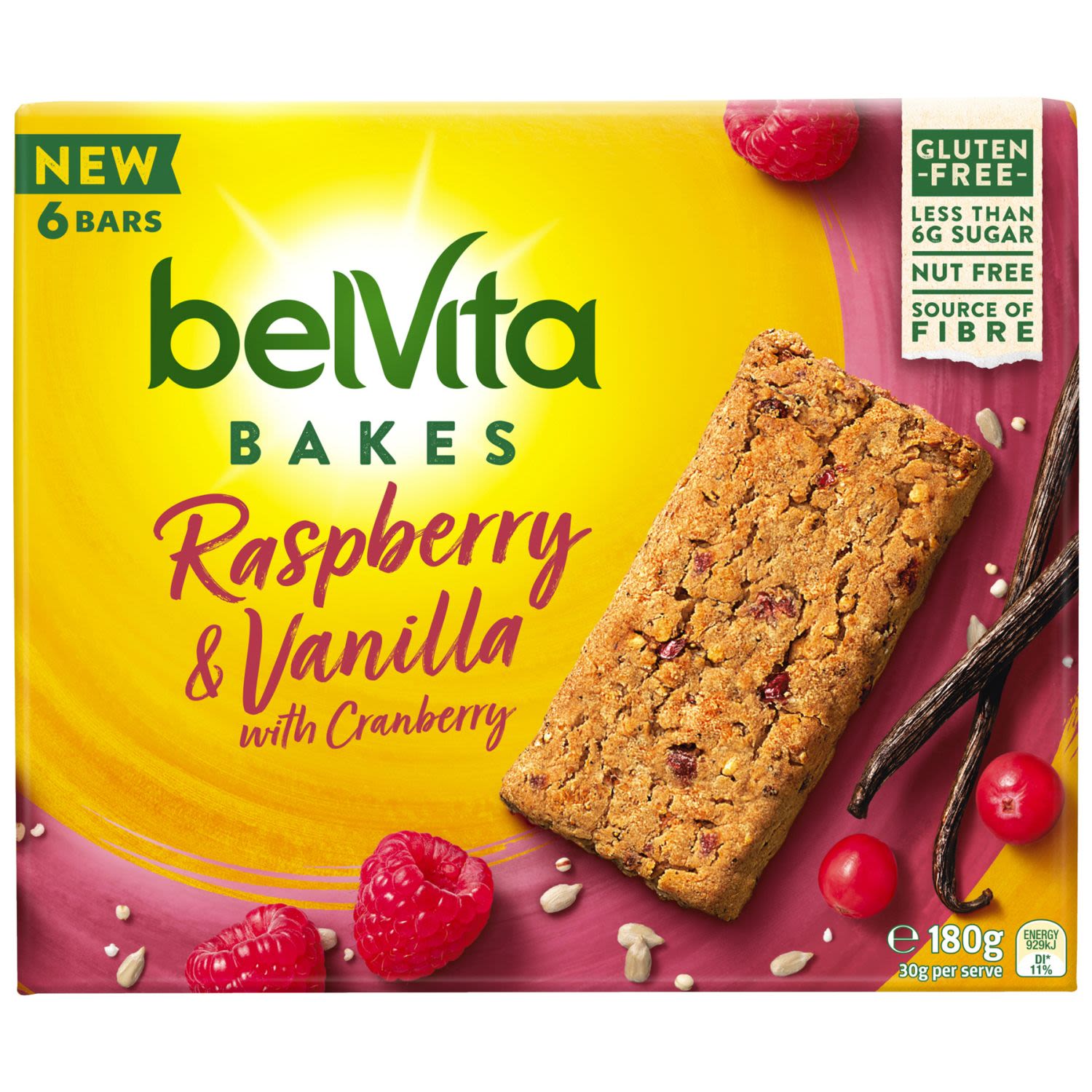 Brighten your day with belVita Bakes
Our belVita bars are gently baked with surprising inclusions of crunchy seeds & toasted grains. They are as delicious as they are wholesome with the inclusion of Raspberries, Vanilla Bean & Cranberry.
With less than 5g of sugar, they are delightfully gluten free and nut free with no artificial colours or flavours. belVita Bakes are specially made with you in mind for you to enjoy anytime of the day!
- Wholesome seeds and grains.
- Source of fibre.<br /> <br />