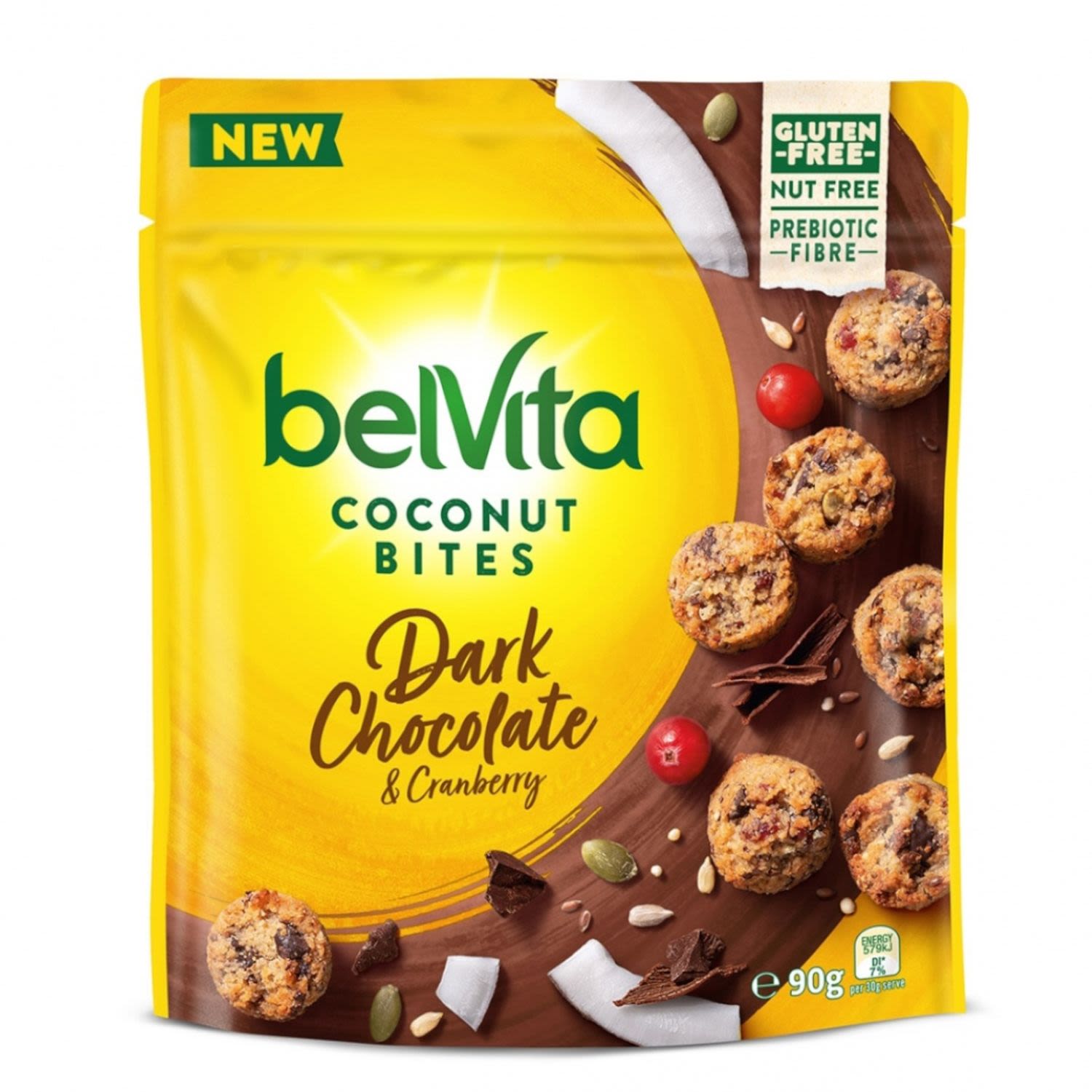 Brighten your day with belVita Coconut Bites
These delicious toasted Coconut Bites are packed with wholesome ingredients including golden coconut, dark chocolate chips & cranberry.

They are delightfully gluten free and nut free, no artificial colours or flavours and with prebiotic fibre. Making these bite-size snacks the perfect option for when you feel like munching on something that is better for you.

- Good source of fibre.
- Wholesome seeds and grains.
- Real chocolate.
- Coconut.<br /> <br />