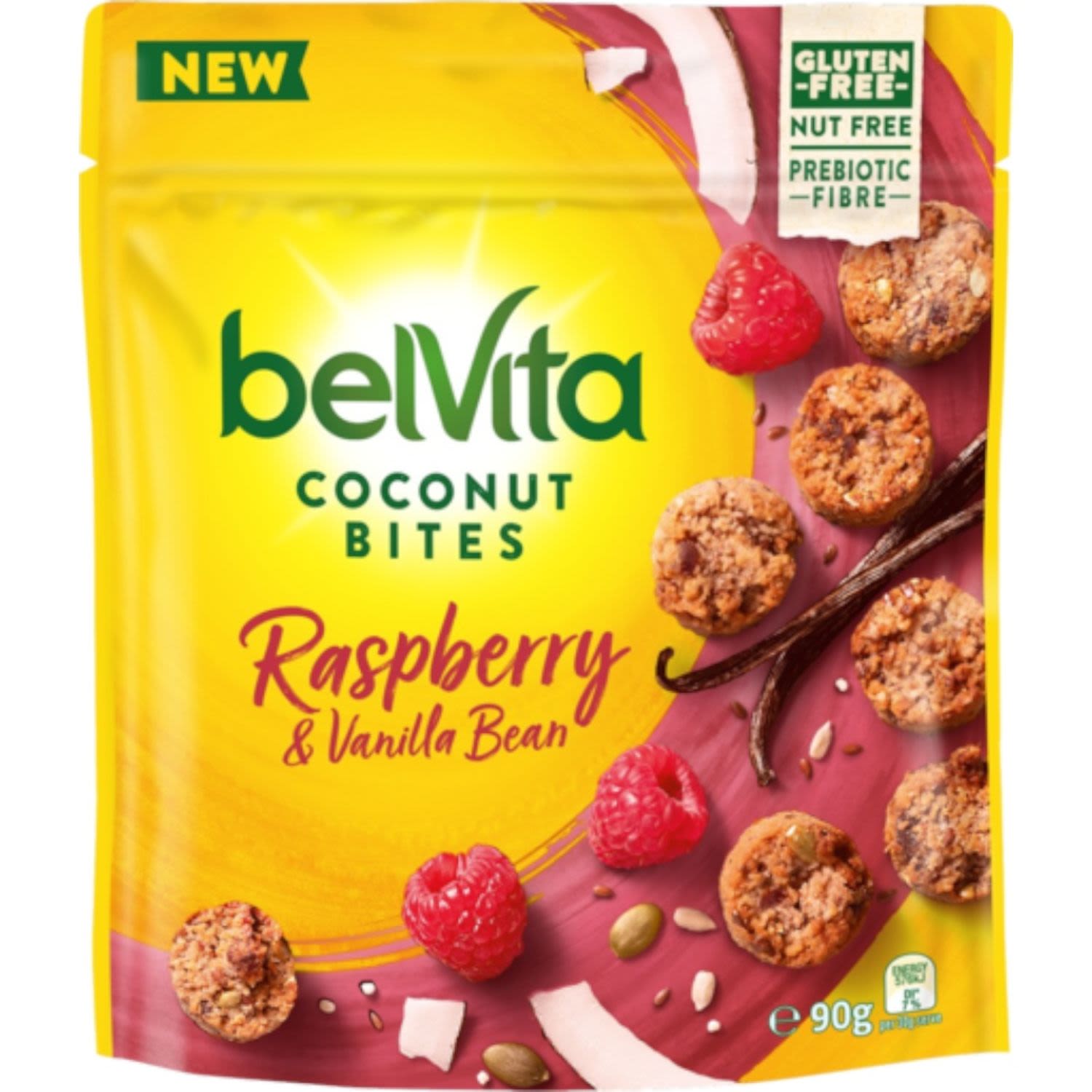 Brighten your day with belVita Coconut Bites
These delicious toasted Coconut Bites are packed with wholesome ingredients including golden coconut, raspberry & vanilla bean.
They are delightfully gluten free and nut free, no artificial colours or flavours and with prebiotic fibre. Making these bite-size snacks the perfect option for when you feel like munching on something that is better for you.
- Good source of fibre.
- Wholesome seeds and grains.
- Coconut.<br /> <br />