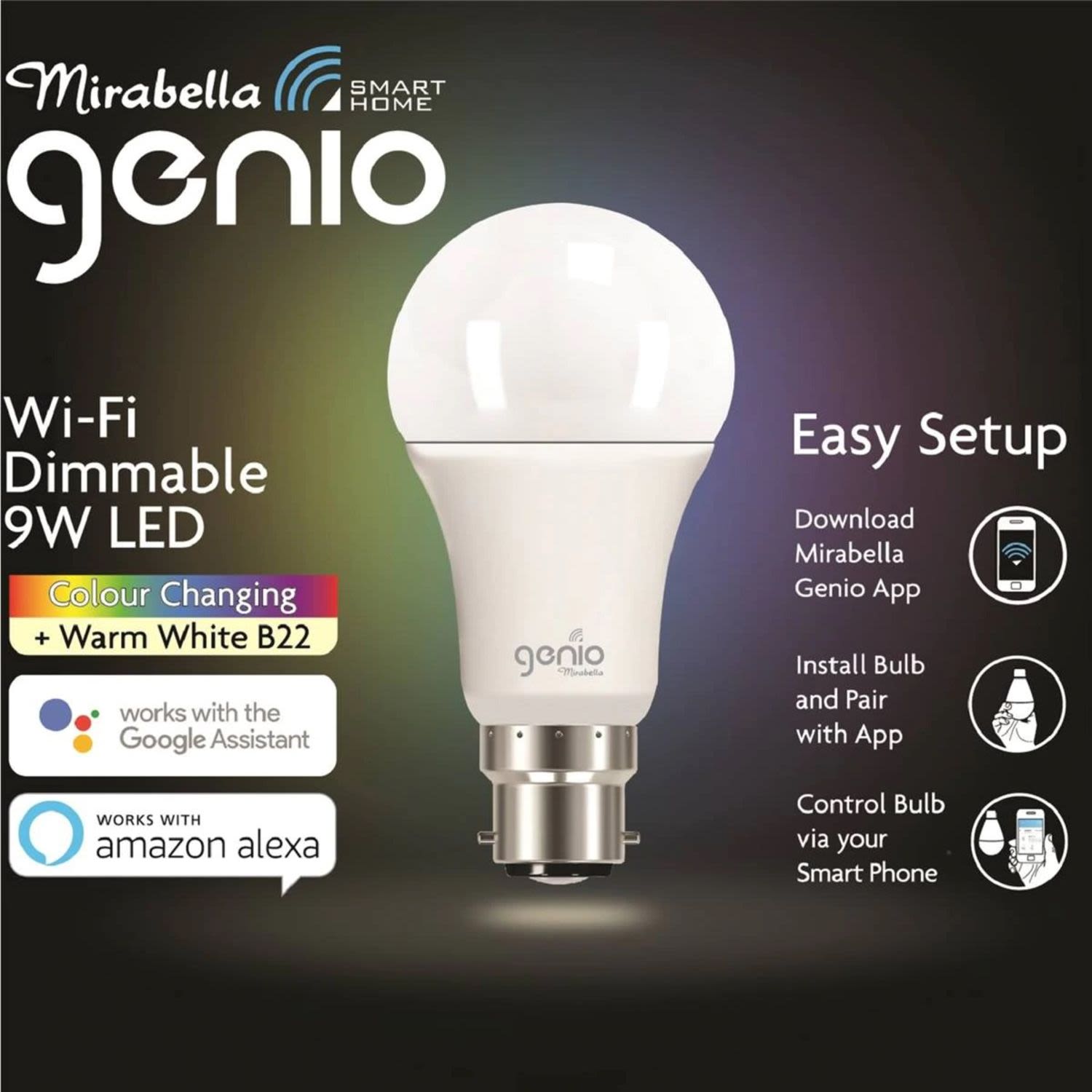 Mirabella Genio 9W Led Dimmable Bayonet Cap Colour Changing 800 Lumens, 1 Each