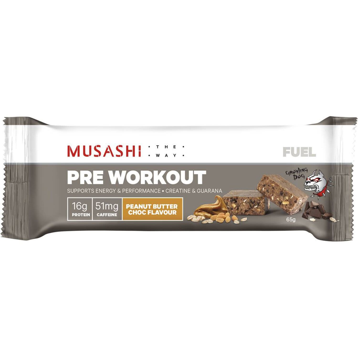 Musashi Pre Workout Growling Dog Peanut Butter Choc Flavour, 65 Gram