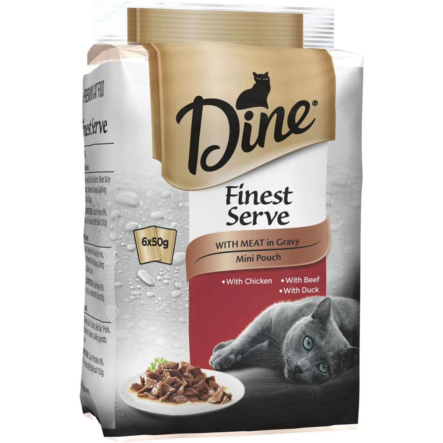 Dine Finest Serve With Meat In Gravy Wet Cat Food Mini Pouch, 6 Each