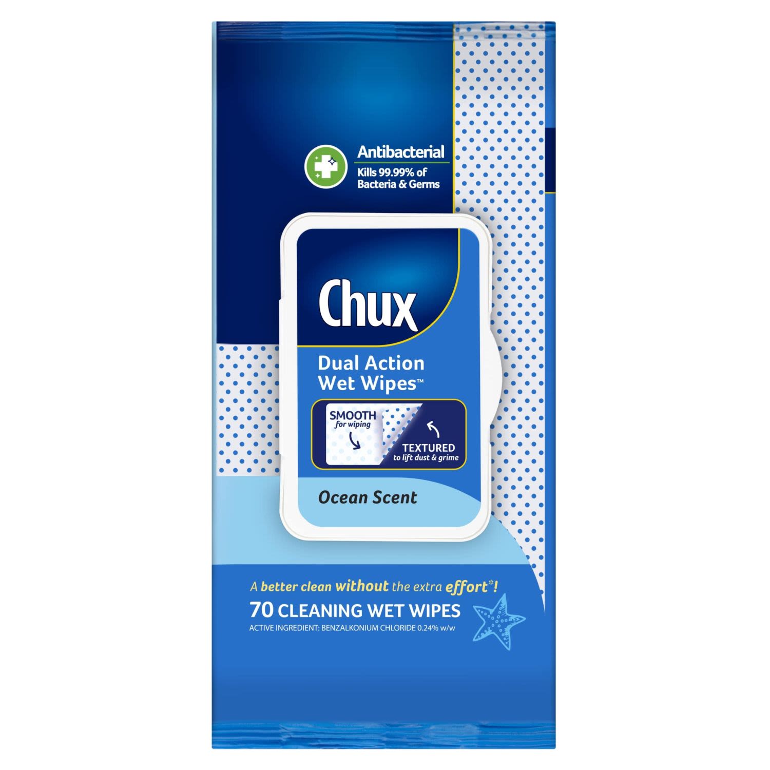 Chux Dual Action Wet Wipes Ocean Scent, 70 Each