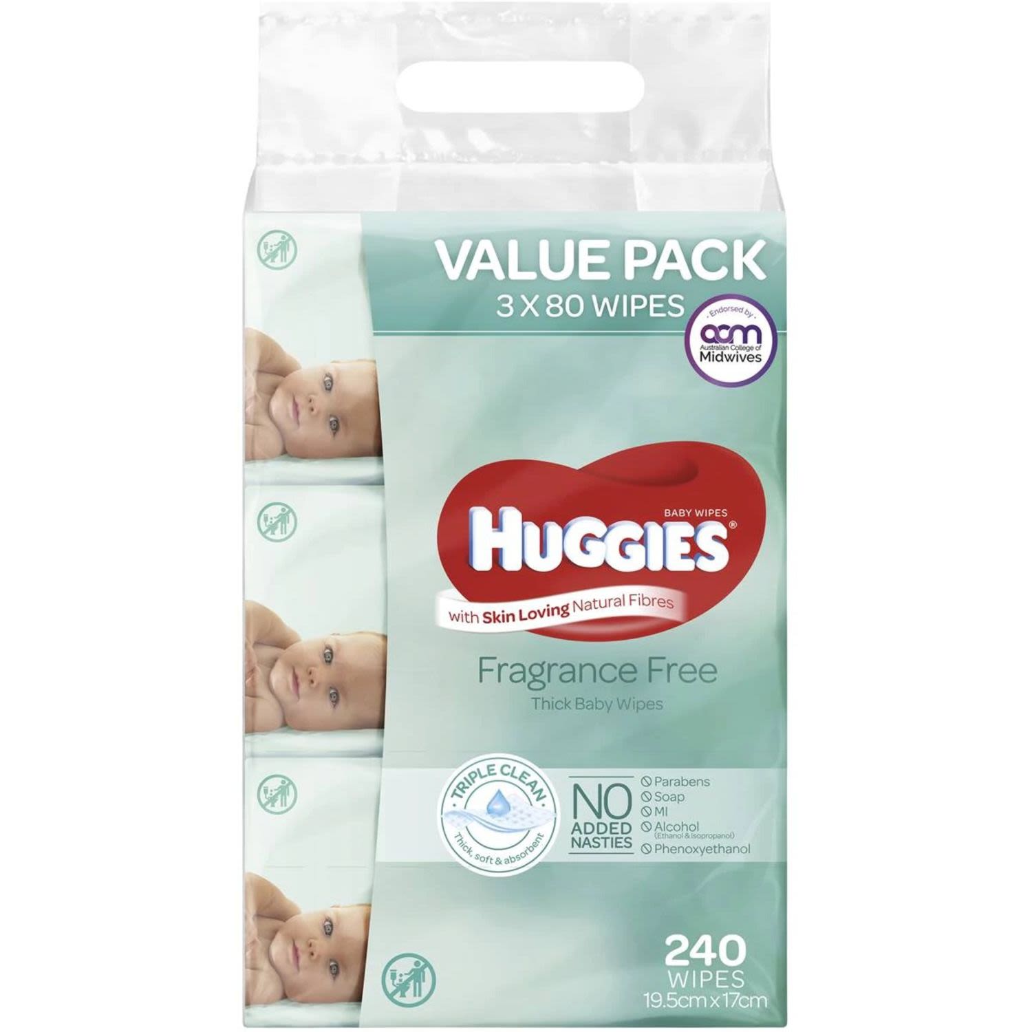 Huggies Baby Wipes Fragrance Free 80 Wipes Per Pack, 3 Each