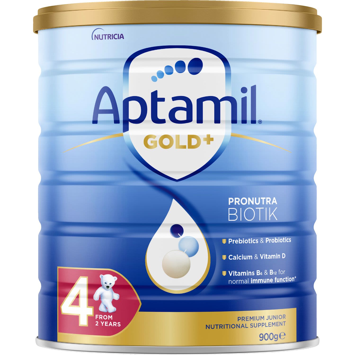 Aptamil Gold+ 4 Premium Junior Nutritional Supplement is specially designed to help meet the dietary needs of active children from 2 years of age whose dietary intake may not be adequate.
Contains 16 essential vitamins and minerals to support growth and development*
Zinc, Folate and Vitamin B12 for immune system function*
Iodine, Iron and Zinc to support cognitive function*
Calcium and Vitamin D for normal bone and teeth structure*
Contains Omega-3 DHA fatty acid
No added sucrose and artificial colours
One serve per day provides at least 16-50% of the recommended dietary intake (RDI) of 16 essential vitamins and minerals
900g tin format
*When prepared as directed and consumed as part of a healthy varied diet. <br /> <br /><br /> <br />Allergen: Fish| Milk| Soy