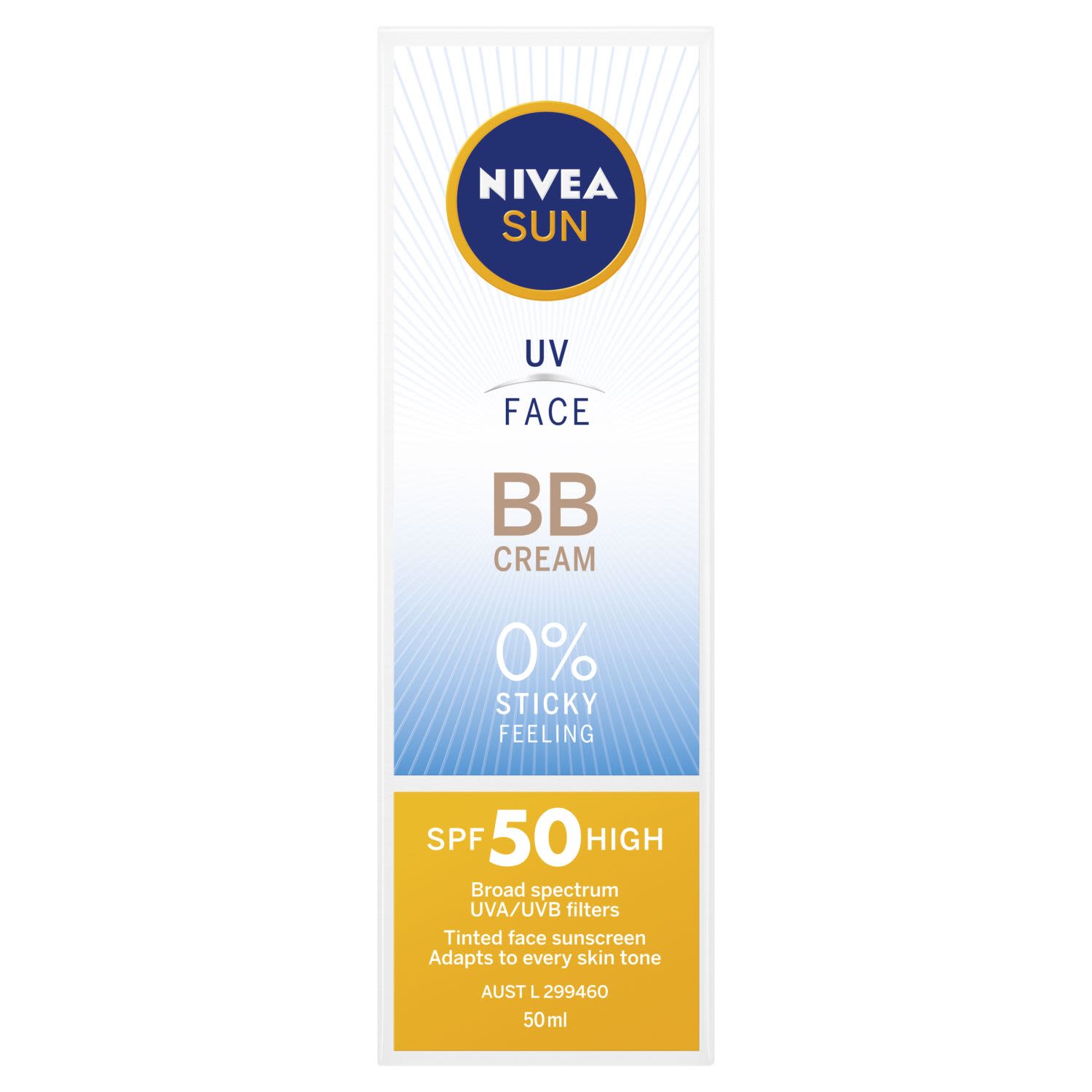 NIVEA SUN UV Face BB Cream provides highly effective UVA/UVB protection against sunburn and premature skin ageing. The eye friendly, ophthalmologically proven, formula with a naturally derived antioxidant supports facial skin to protect itself against sun damages. The moisturising, skin compatibility and dermatologically proven tinted face sunscreen is ideal for every day use. It adapts to every skin tone, is non greasy, non sticky and leaves a light feeling on your skin.<br /> <br />
