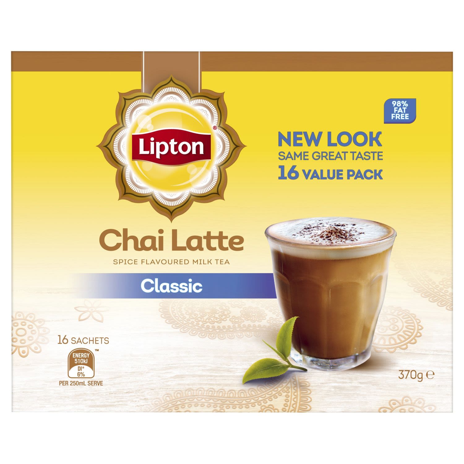 Lipton® Lipton Chai Latte Regular is a unique taste experience. It combines tea with exotic spice flavours such as cinnamon, cardamom and ginger with a delicious, creamy milk base. Just add hot water to enjoy a frothy latte style pick-me-up. Lipton Chai Latte is also 98% Fat Free. A refreshing taste for a feed good moment. At Lipton we recognise the importance of sustainability in the growth of our tea. With over 100 years of experience our approach to sustainability is holistic. We looked in detail at the social, environmental and economic aspects of tea production carrying out our own work and working with Rainforest Alliance to ensure all our tea is sourced sustainably. Now, all our tea blends are made with 100% natural, Rainforest Alliance™ certified tea leaves. Tea was originally an expensive drink, enjoyed exclusively by the wealthy. Thomas Lipton was a man on a mission – to share his passion for tea around the world. He believed that everyone deserved high quality, great tasting tea. And over 120 years later, that belief is still what drives us – inspiring more flavours, more varieties and more love than ever before. All our tea bags are 100% sustainably sourced, which translates into ensuring decent wages for tea farmers around the world together with access to quality housing, education and medical care. Your tea is their brighter future.<br /> <br />