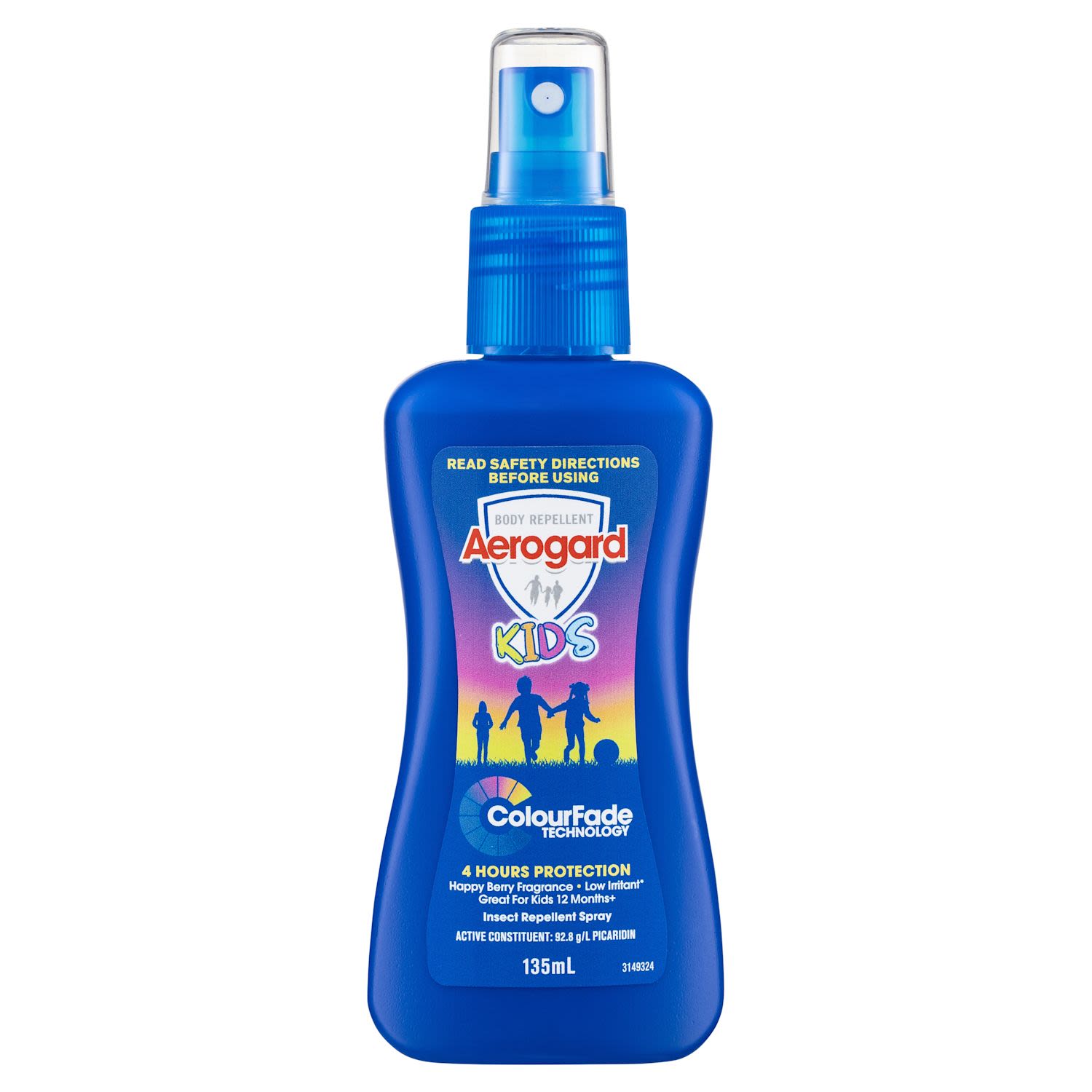Aerogard Kids Insect Repellent Spray repels mosquitoes, flies, sandflies and other annoying and biting insects for up to 4 hours. It also uses ColourFade Technology so you never miss a spot again!<br /><br />· ColourFade Technology – goes on blue, colour fades away<br /><br />· Suitable for children 12 months & over<br /><br />· Happy Berry Fragrance<br /><br />· Low irritant on skin <br /><br />· Non-greasy formula <br /><br /> <br /> <br /> <br /><br />Country of Origin: Made in Australia