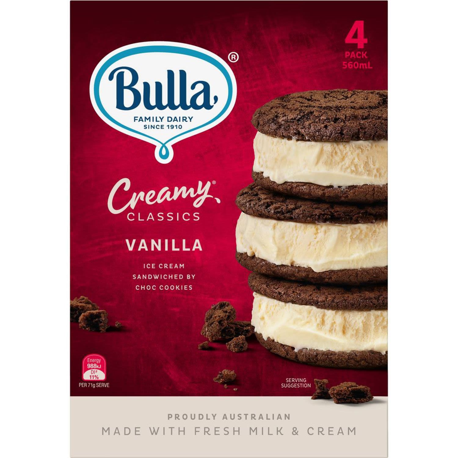Bulla Creamy Classics Ice Cream Sandwich Vanilla, 4 Each