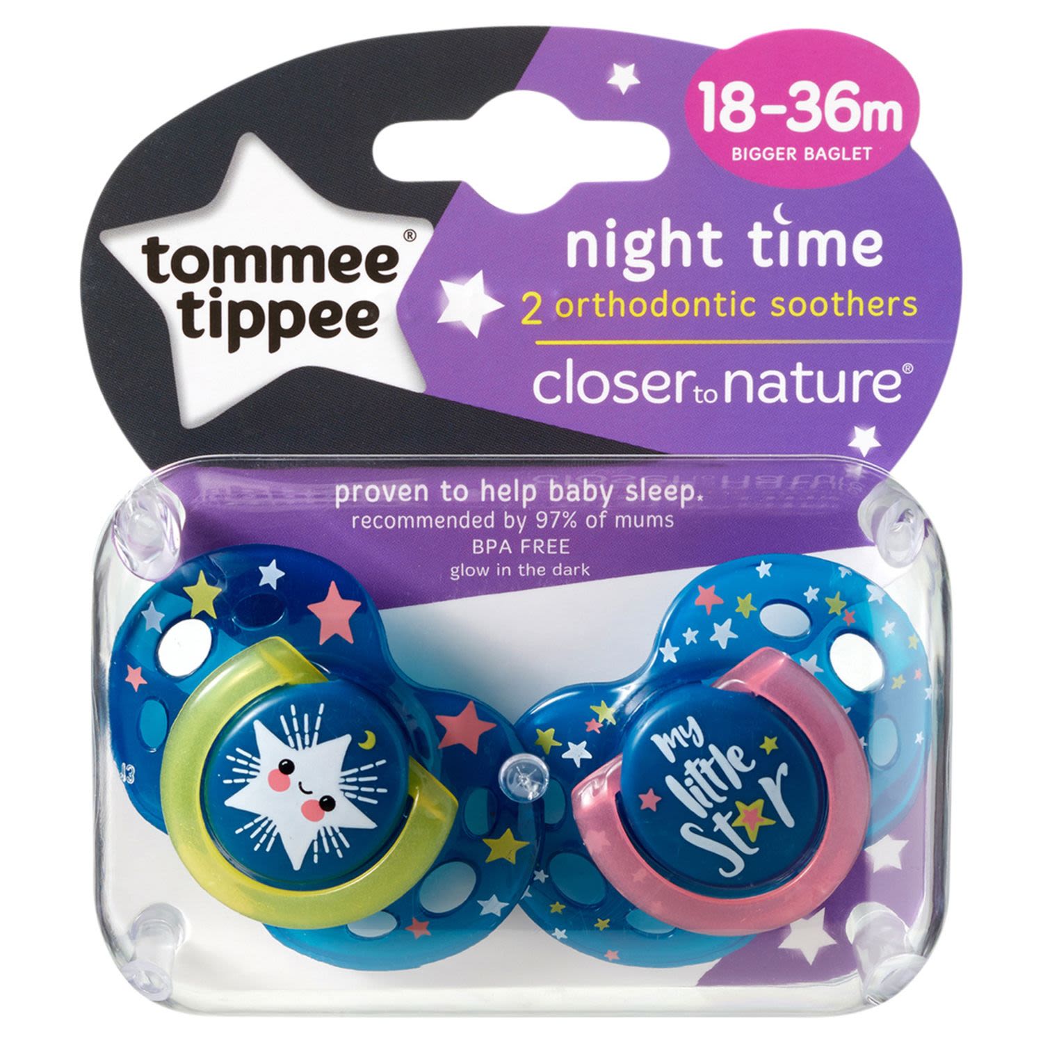 Tommee Tippee Closer to Nature Night-Time Soothers, 2 Each