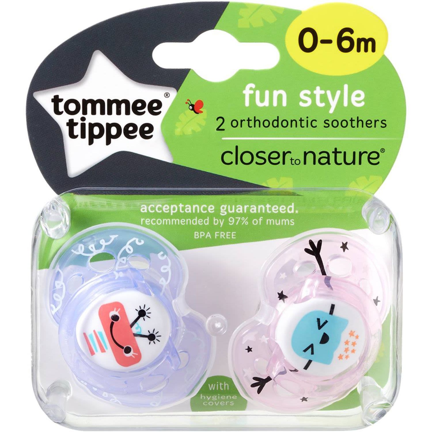Tommee Tippee Closer To Nature Fun Style Soothers 0 To 6 Months, 2 Each