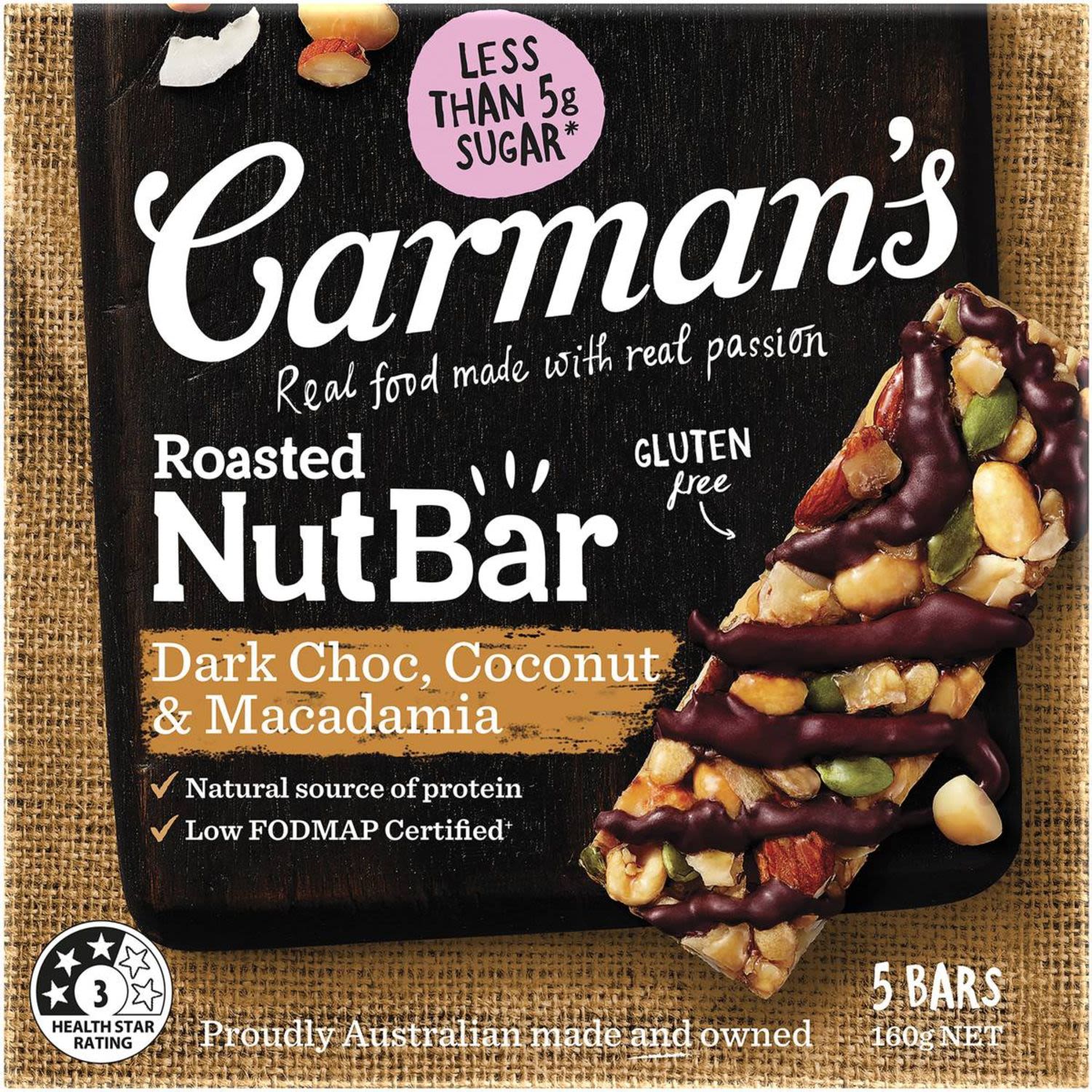 Carman's Dark Choc Macadamia Coconut Nut Bars, 5 Each