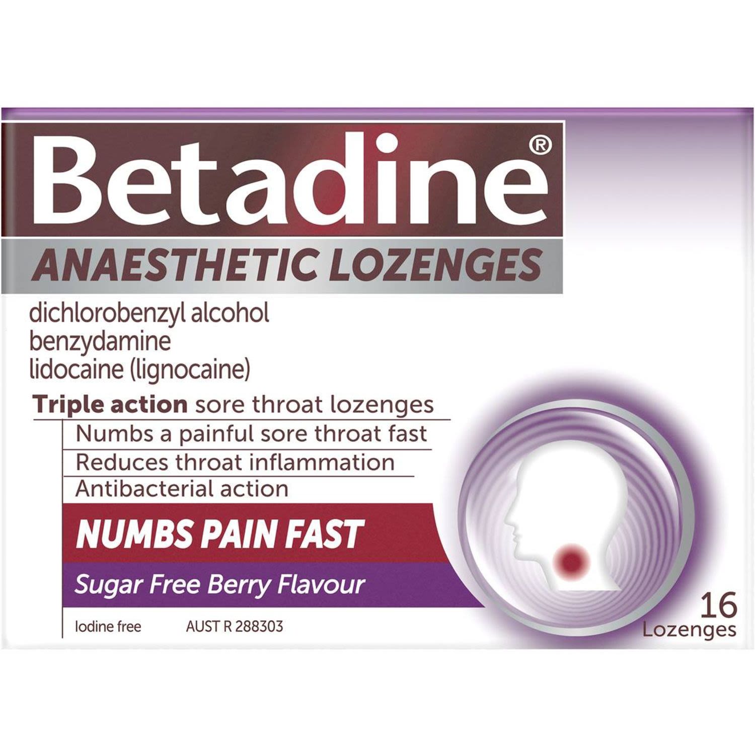 Betadine Anaesthetic Sore Throat Berry, 16 Each