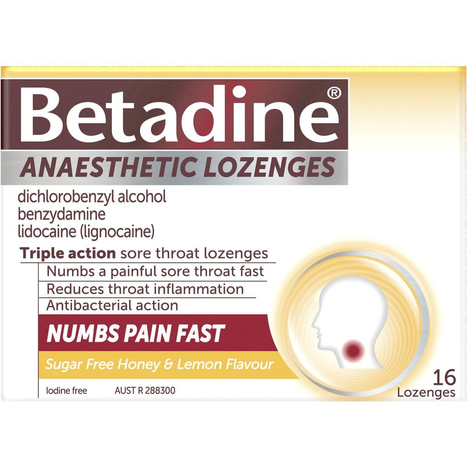 Betadine Anaesthetic Sore Throat Honey & Lemon, 16 Each